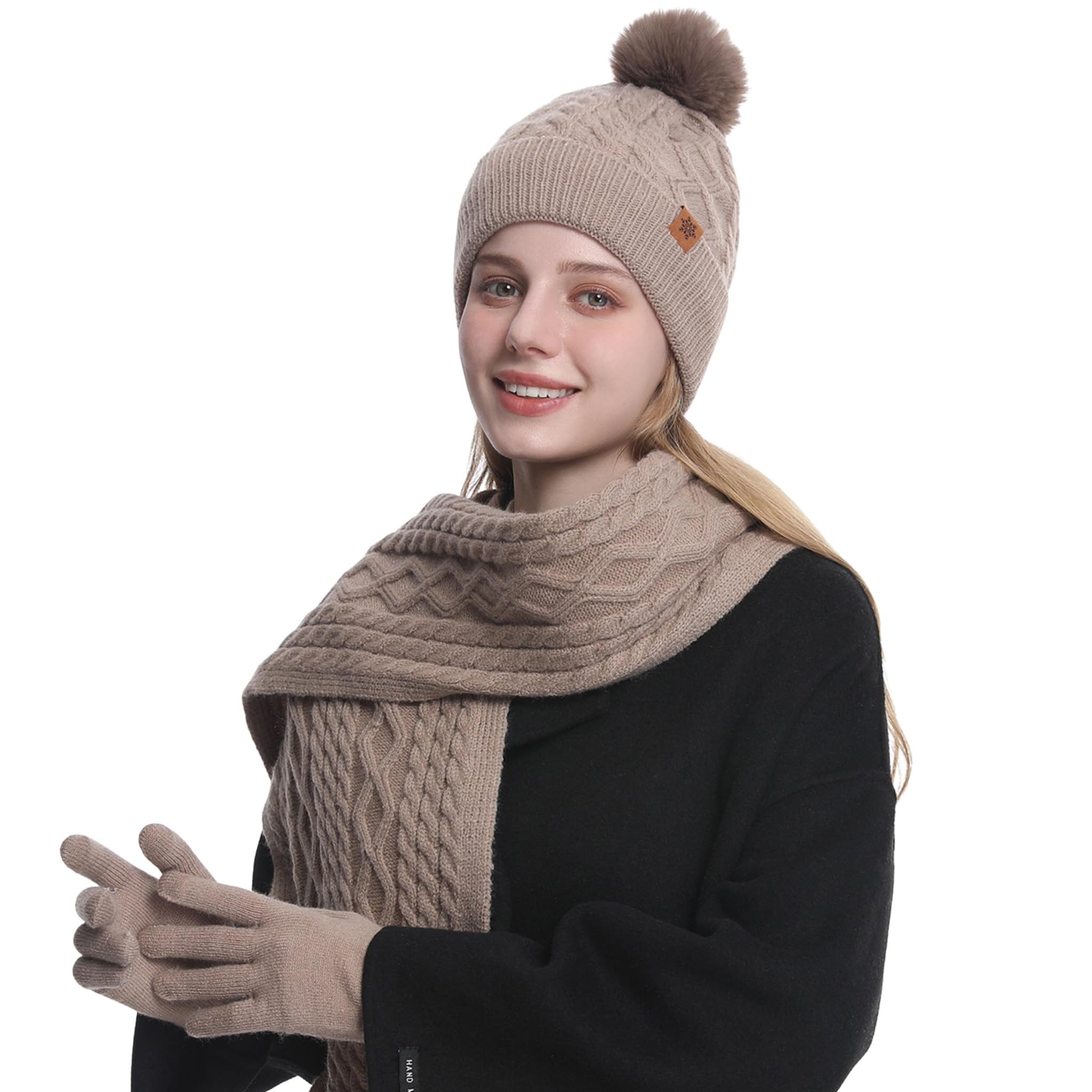 Coonoor Mütze & Schal 3 in 1 Winter Mütze Schal Handschuh Set Für Herren Damen Weiche Warme Gestrickt Strickmütze mit Bommel, Schal & Handschuh-Sets