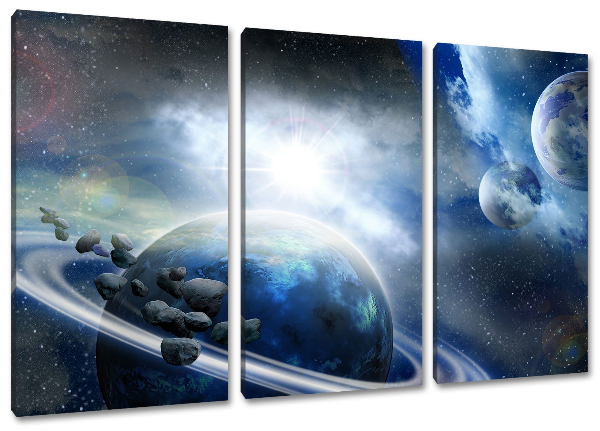 Günstige Marken Pixxprint Leinwandbild Planeten Meteoriten im 3Teiler inkl. Planeten Leinwandbild Zackenaufhänger Meteoriten Weltall Weltall, bespannt, im (120x80cm) St), (1 fertig