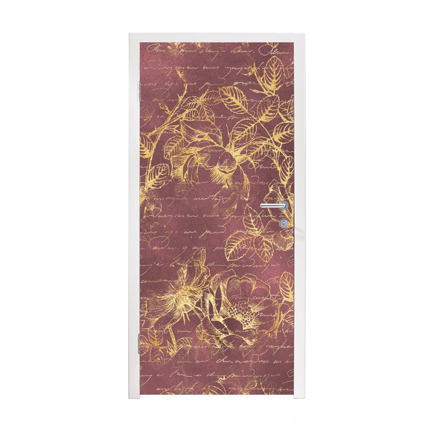 MuchoWow Türtapete Blumen - Blätter - Gold, Matt, bedruckt, (1 St), Fototapete für Tür, Türaufkleber, 75x205 cm