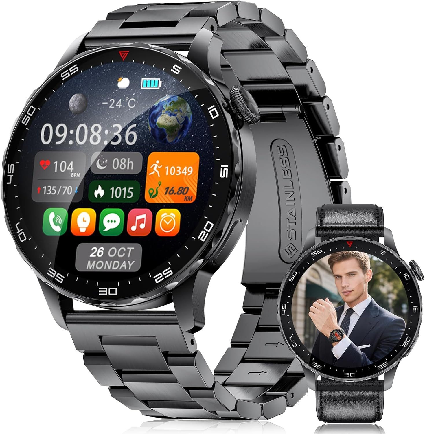 Lige Smarte Herren Uhr: mit Telefonfunktion und AMOLED Display Smartwatch (3,6 cm/1,43 Zoll, Android iOS), Premium Fitness Begleiter inklusive Herzfrequenz Wasserschutz
