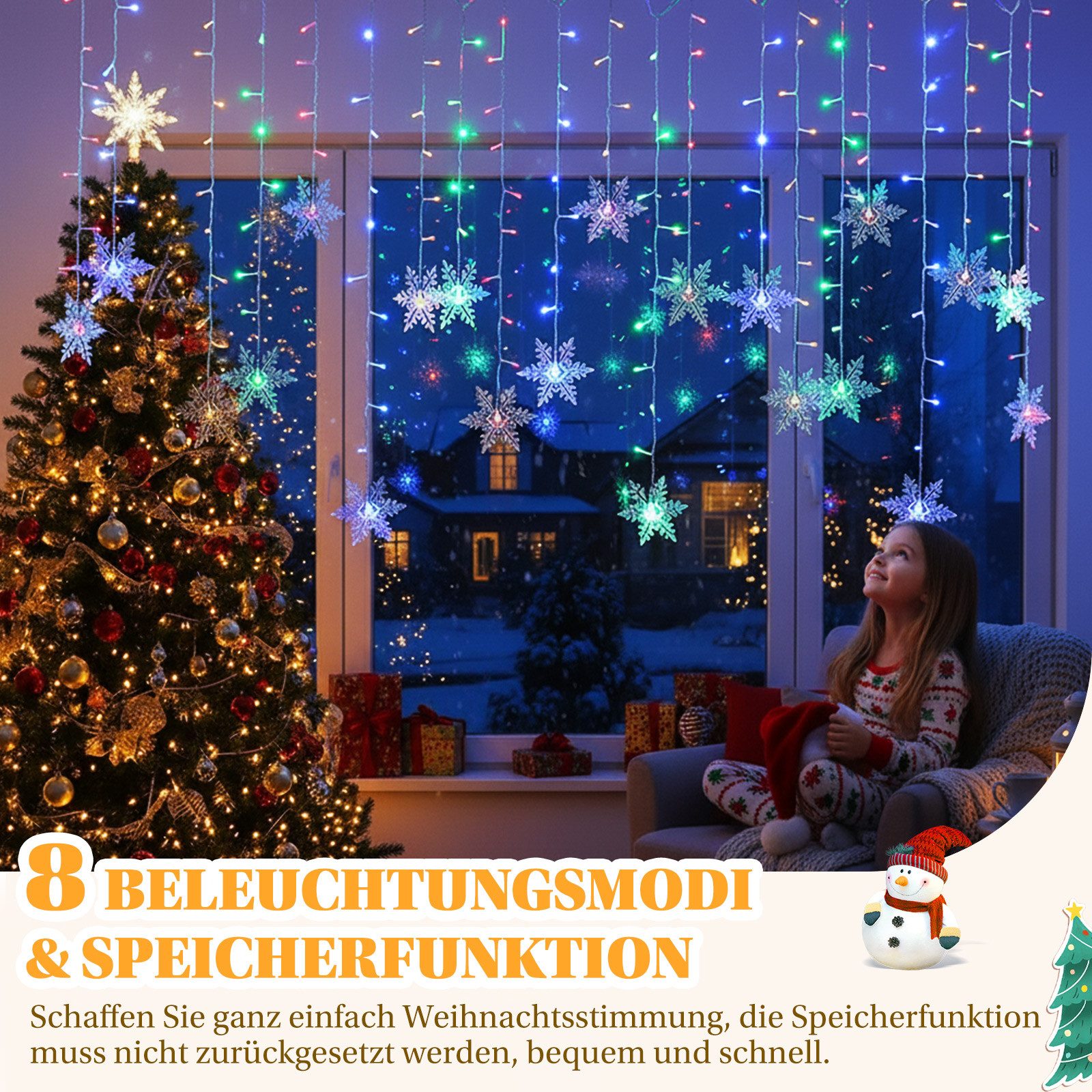 SERBASIC Lichtervorhang LED Schneeflocke Lichterkette, mit 8 Modi und Speicherfunktion, Timer, für Außen Weihnachten, Hochzeit, Balkon, Große Schneeflocke