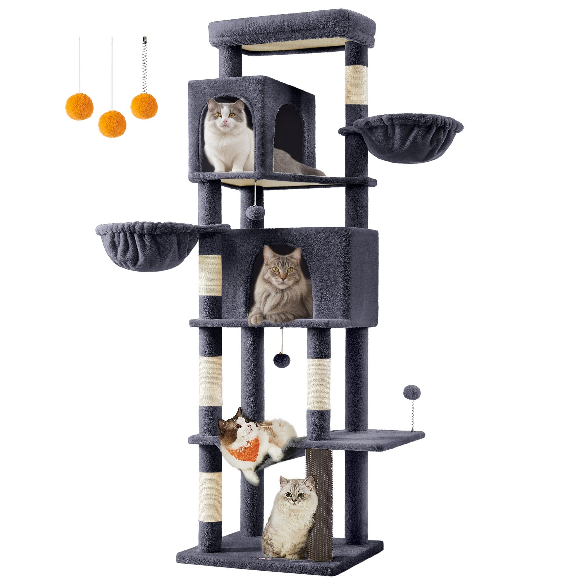 FEANDREA Kratzbaum mehrstöckiger Katzenbaum mit 2 Höhlen, 2 Liegemulden, 5 Kratzsäulen, groß, 190 cm hoch, XXL, Katzenbürste, große Plattform