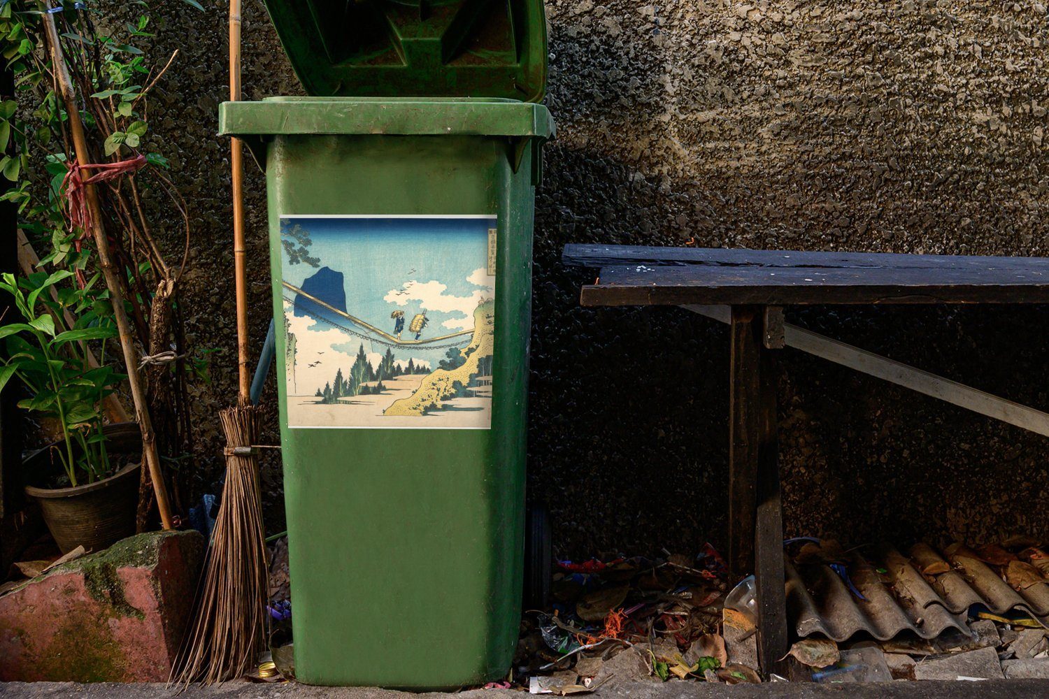 an Container, St), Hängebrücke Grenze Mülleimer-aufkleber, Sticker, und Wandsticker zwischen Abfalbehälter (1 - Mülltonne, Gemälde Etchu Hida MuchoWow der von