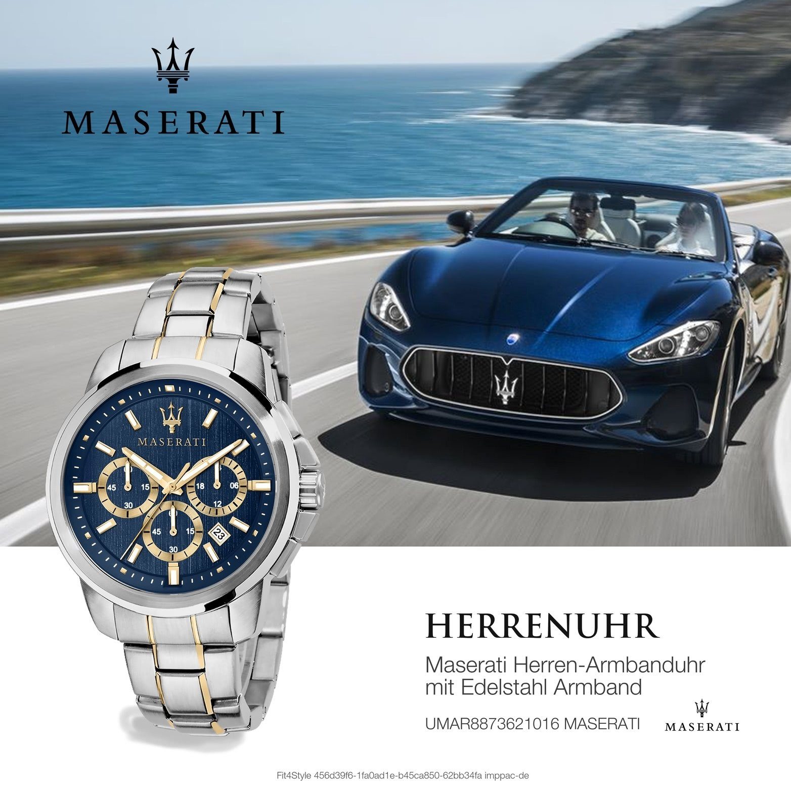 Edelstahl Armband-Uhr, Herrenuhr Chronograph MASERATI Maserati (ca. Edelstahlarmband, Gehäuse, blau rundes 52x44mm) groß