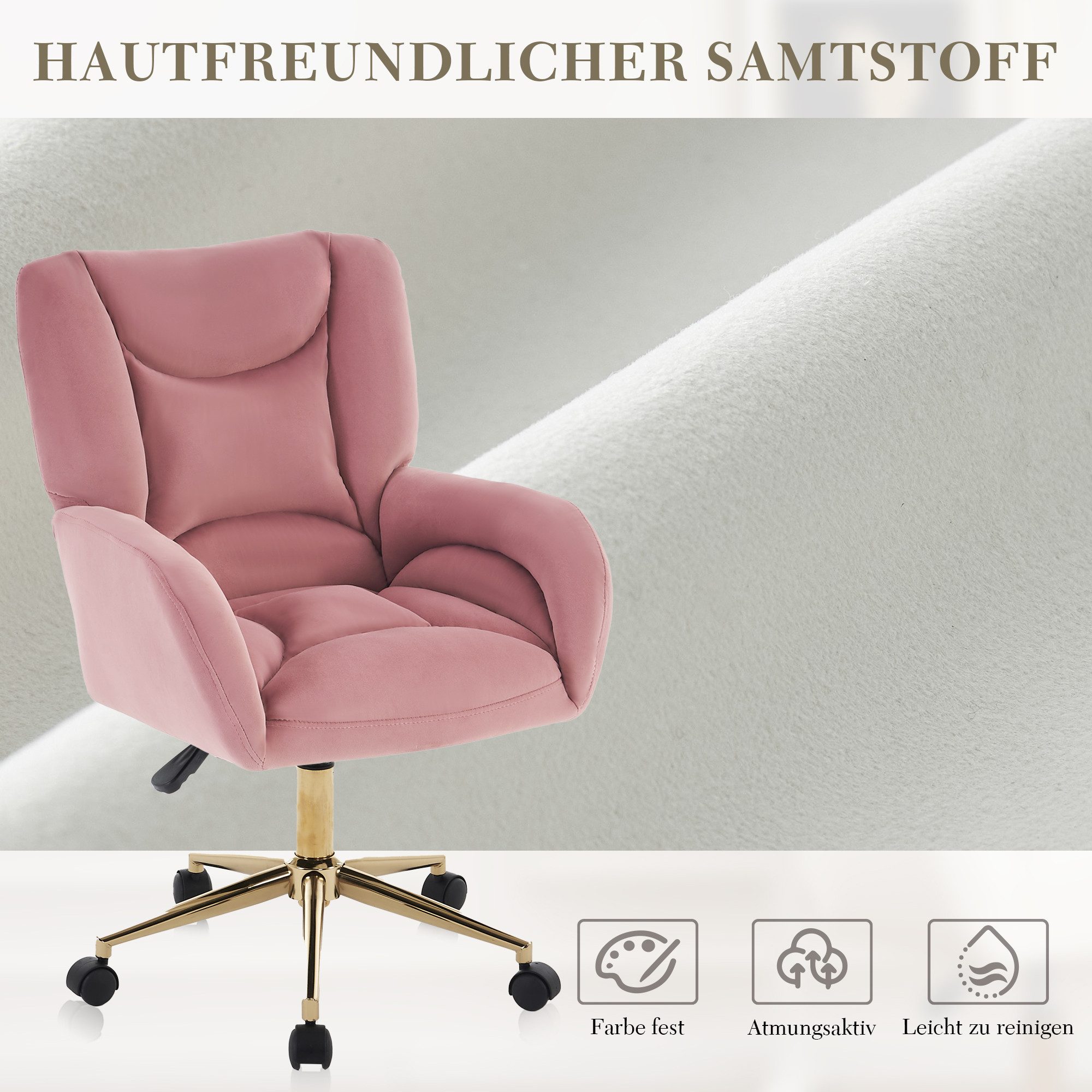 DEKKETO Polsterstuhl Bürostuhl, Schreibtischstuhl, Schminkstuhl & Drehstuhl aus Samt (1 St), mit goldenem Fußkreuz, ideal für Schlafzimmer & Home Office