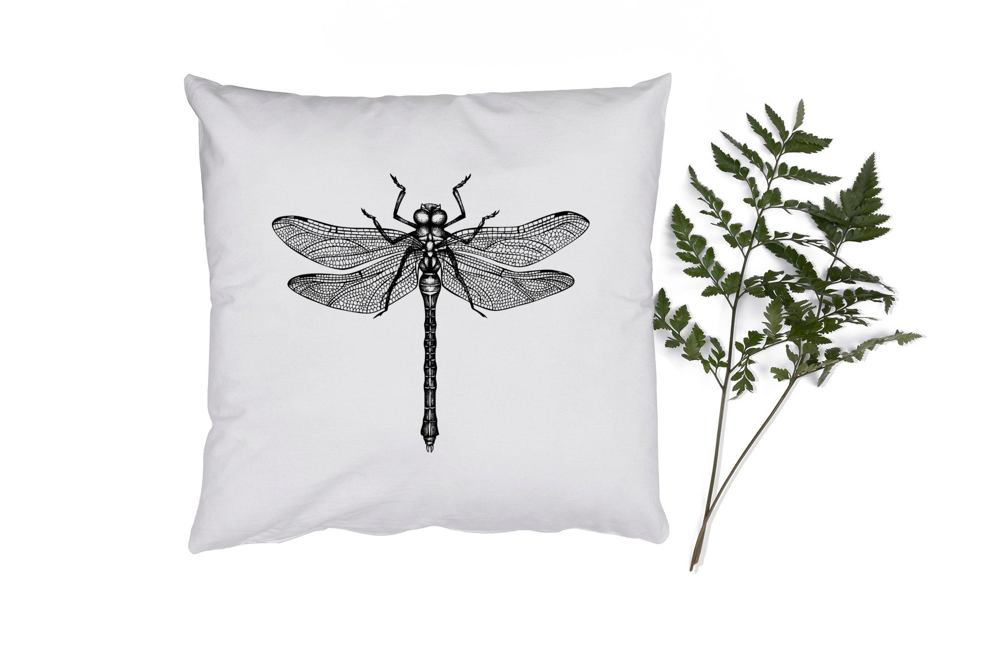 MuchoWow Dekokissen Libelle - Insekten - Retro - Schwarz und weiß, Zierkissen mit Füllung für Wohzimmer, Schlafzimmer, Deko, Sofakissen