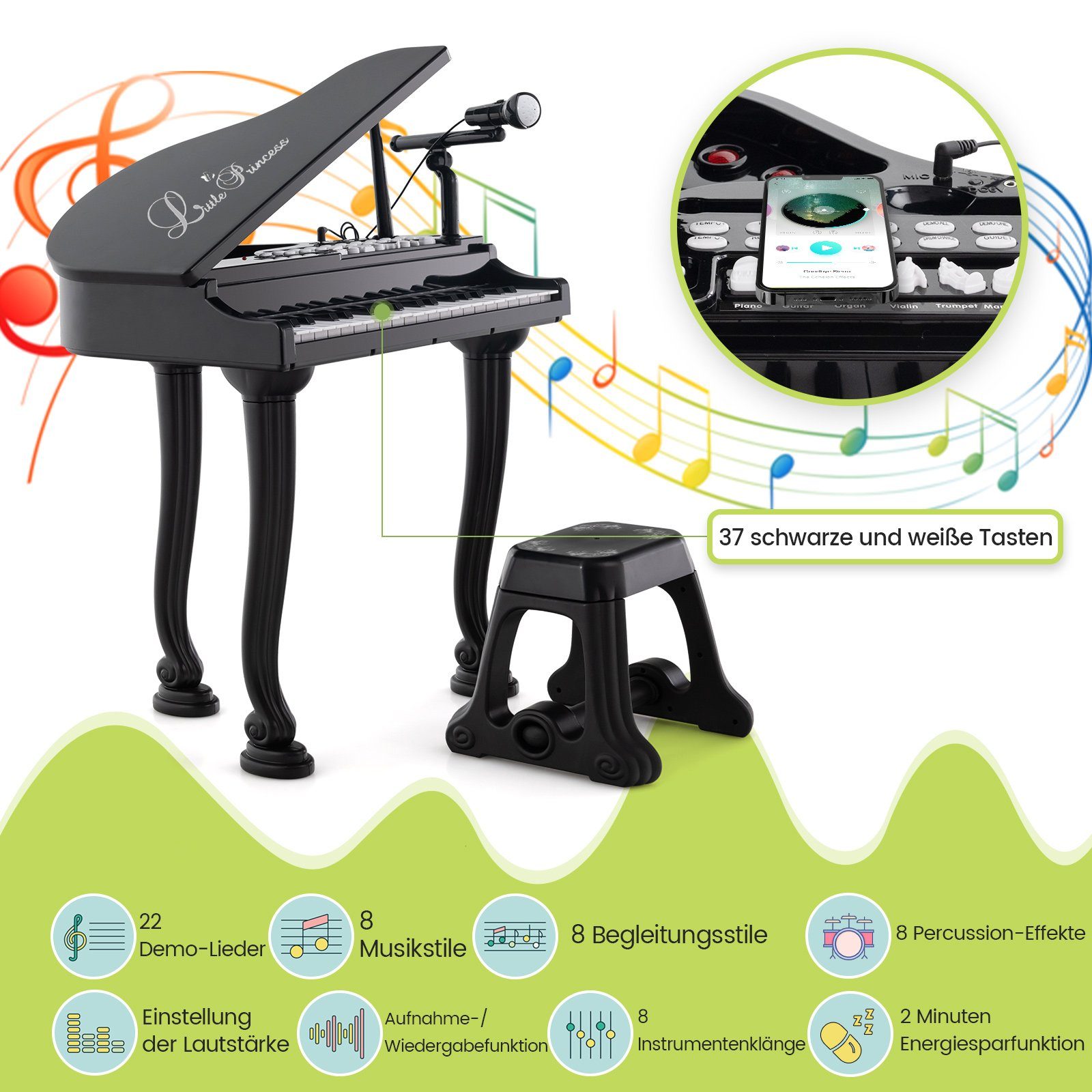 COSTWAY Spielzeug-Musikinstrument 37 Tasten Keyboard, mit Hocker & Mikrofon