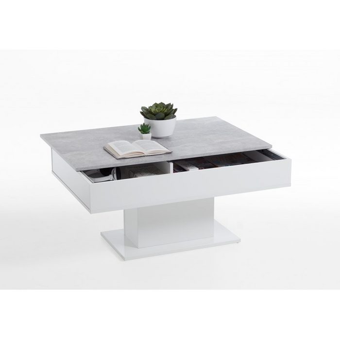 FMD Möbel Couchtisch Tisch Couchtisch Beistelltisch Wohnzimmertisch ausziehbar AVOLA Beton grau Nb. weiß Edelglanz