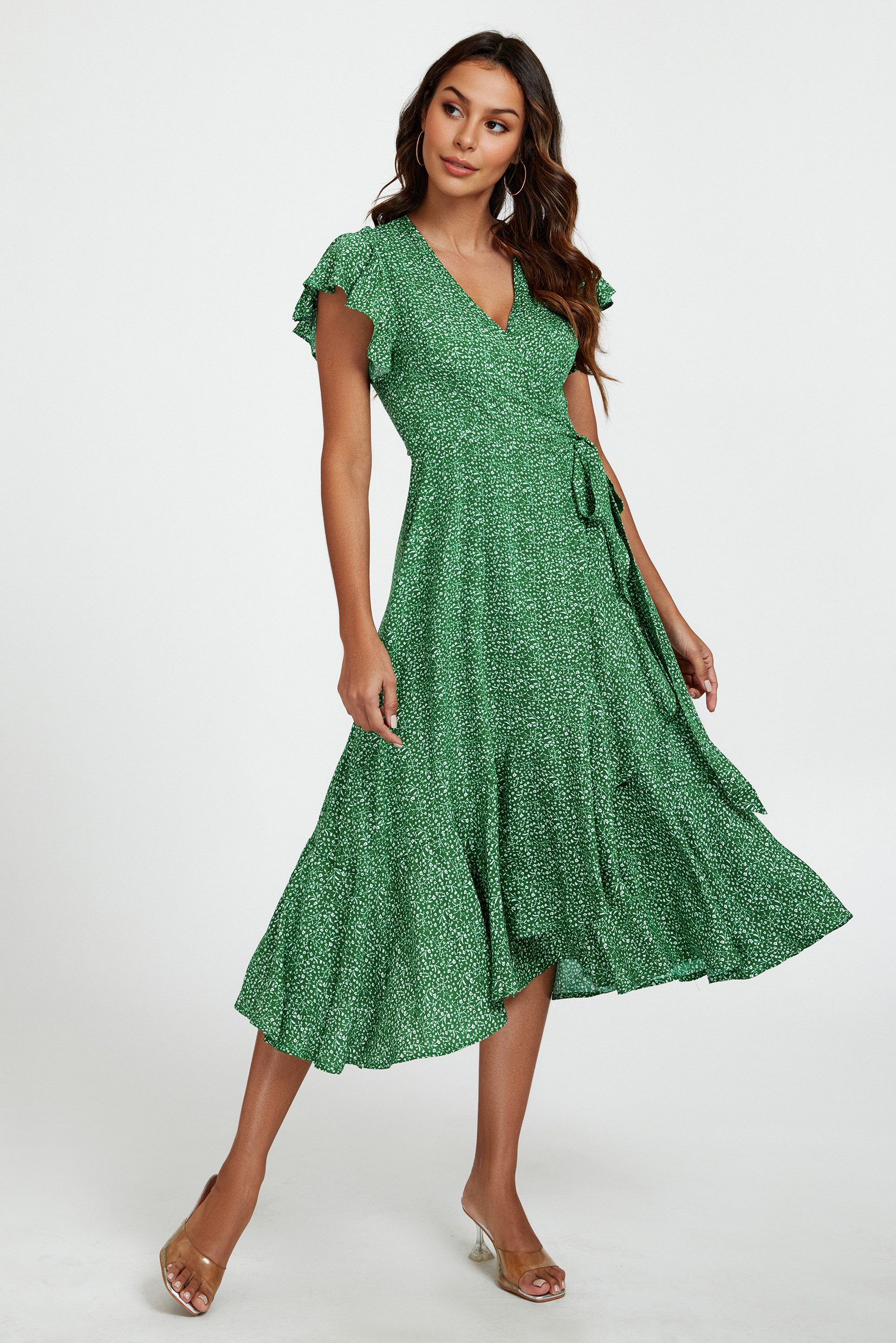 FS Collection Wickelkleid Damen Midi-Wickelkleid mit V-Ausschnitt und Rüschenärmeln - Midikleid (XS (EU:36 / UK:8) · S (EU:38 / UK:10) · M (EU:40 / UK:12) · L (EU:42 / UK:14) · XL (EU:44 / UK:16), 4 Farben : Schwarz, Grün, Dunkelblau und Marineblau) leicht, fließend, formstabil und pflegeleicht