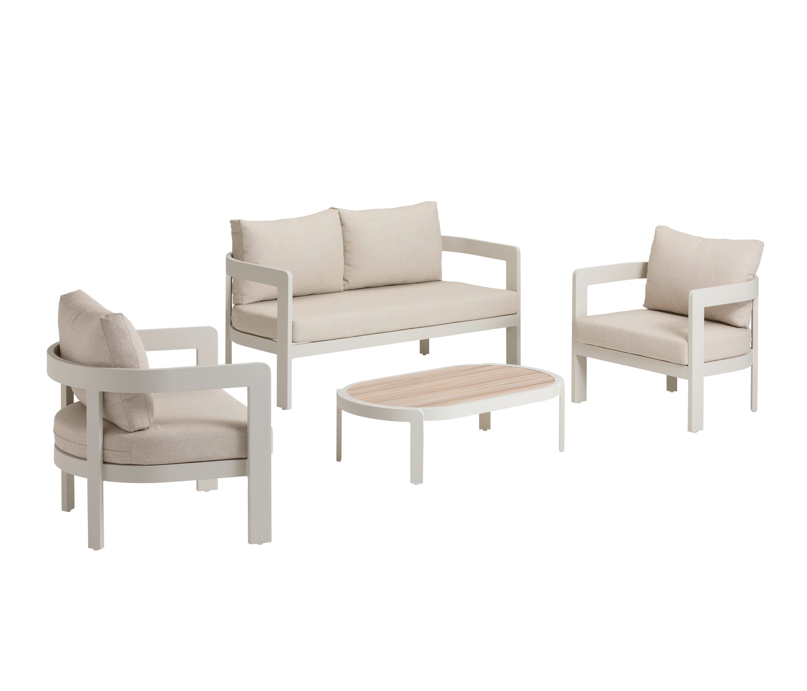 Dehner Gartenlounge-Set Altea, 4-teilige Sitzgruppe, inkl. Tisch, Aluminium / Polyester, creme, standfeste Lounge, inkl. Kissen und Tisch