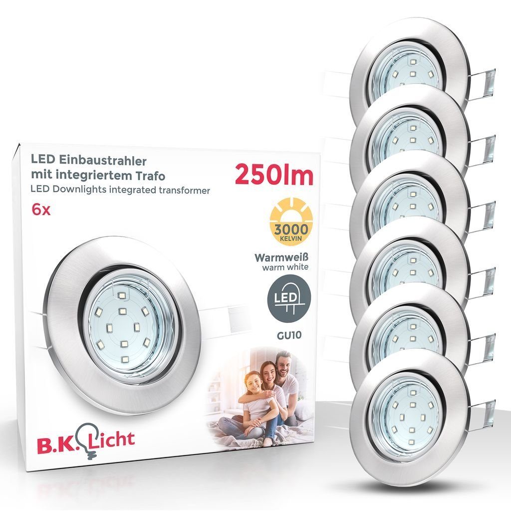 B.K.Licht LED Einbaustrahler 3er Set LED Einbauleuchten schwenkbar inkl. 3x 3W - 10-02-06-W, LED wechselbar, 250lm GU10 IP23 Einbauspots Decke 3.000K Rund Nickel-matt
