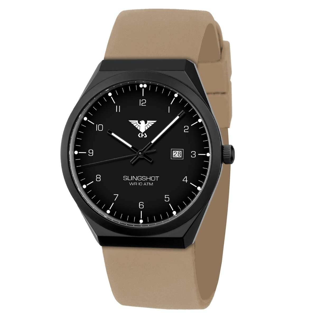 KHS Quarzuhr SLIBS.ST, Herrenuhr Slingshot Quarz Schwarz/Silikonband Beige