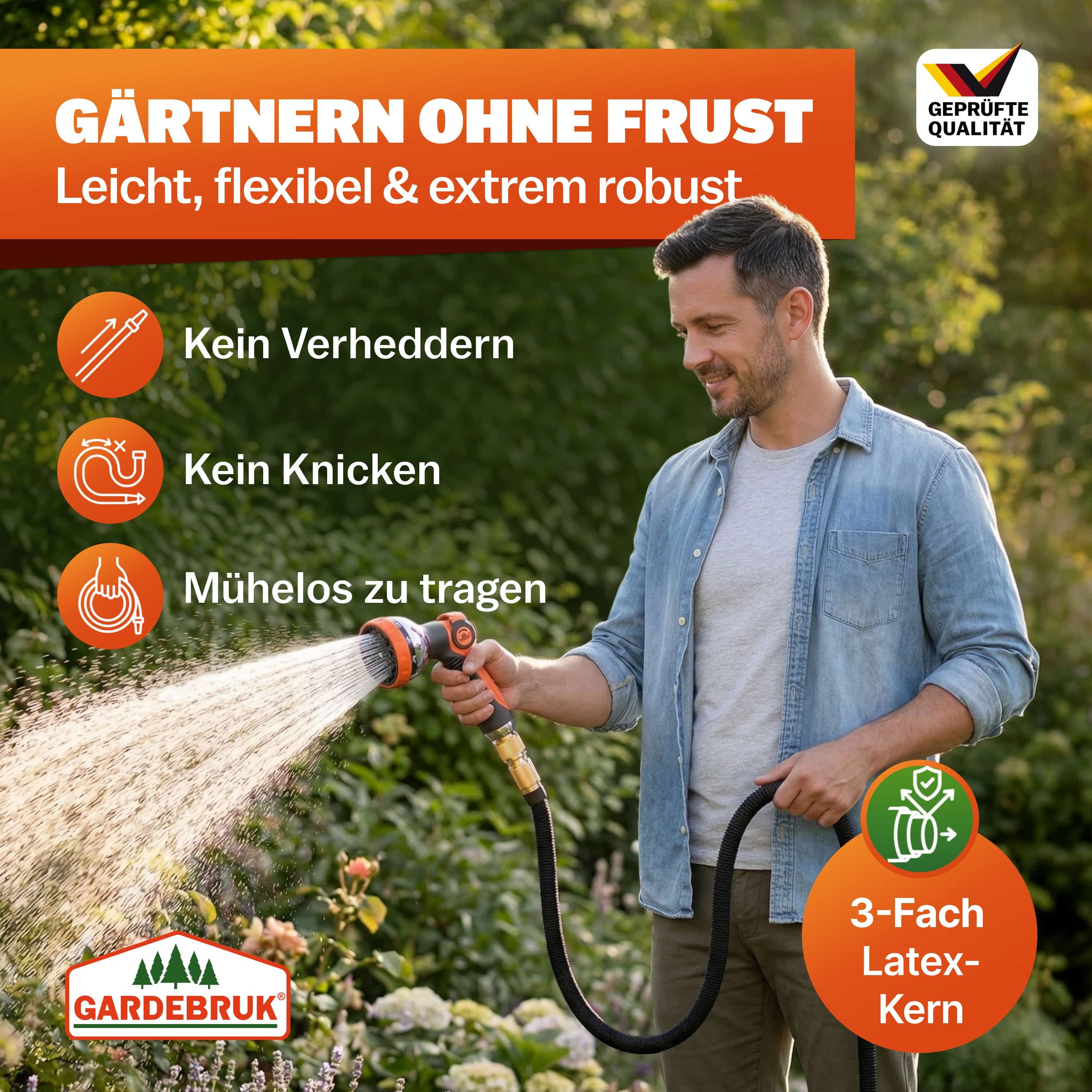 Gardebruk Bewässerungsschlauch, 7,5m 3fach Latexkern Vollmessing Adapter 1/2" 3/4" Zoll Tasche Grün