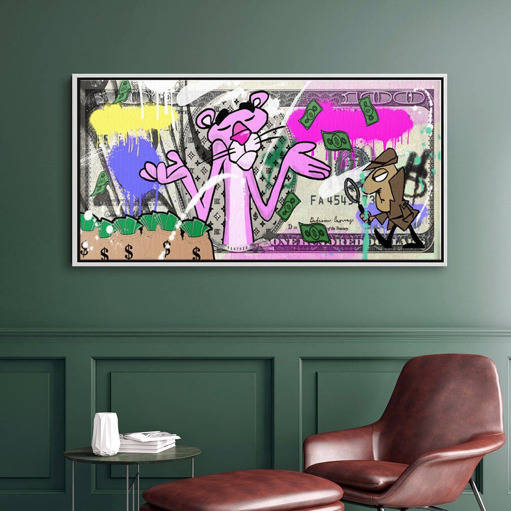 DOTCOMCANVAS® Leinwandbild, Leinwandbild Der rosarote weißer Geld Panther Panorama Rahmen Panther 100 Dollar