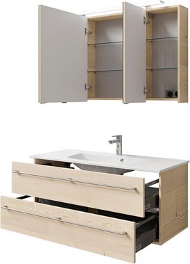 Saphir Badmöbel-Set Serie 6025 2-teilig Mineralmarmor-Waschtisch mit LED-Spiegelschrank, (2-St), Waschplatz 117cm breit, 2 Schubladen, 3 Spiegel-Türen, inkl Türdämpfer