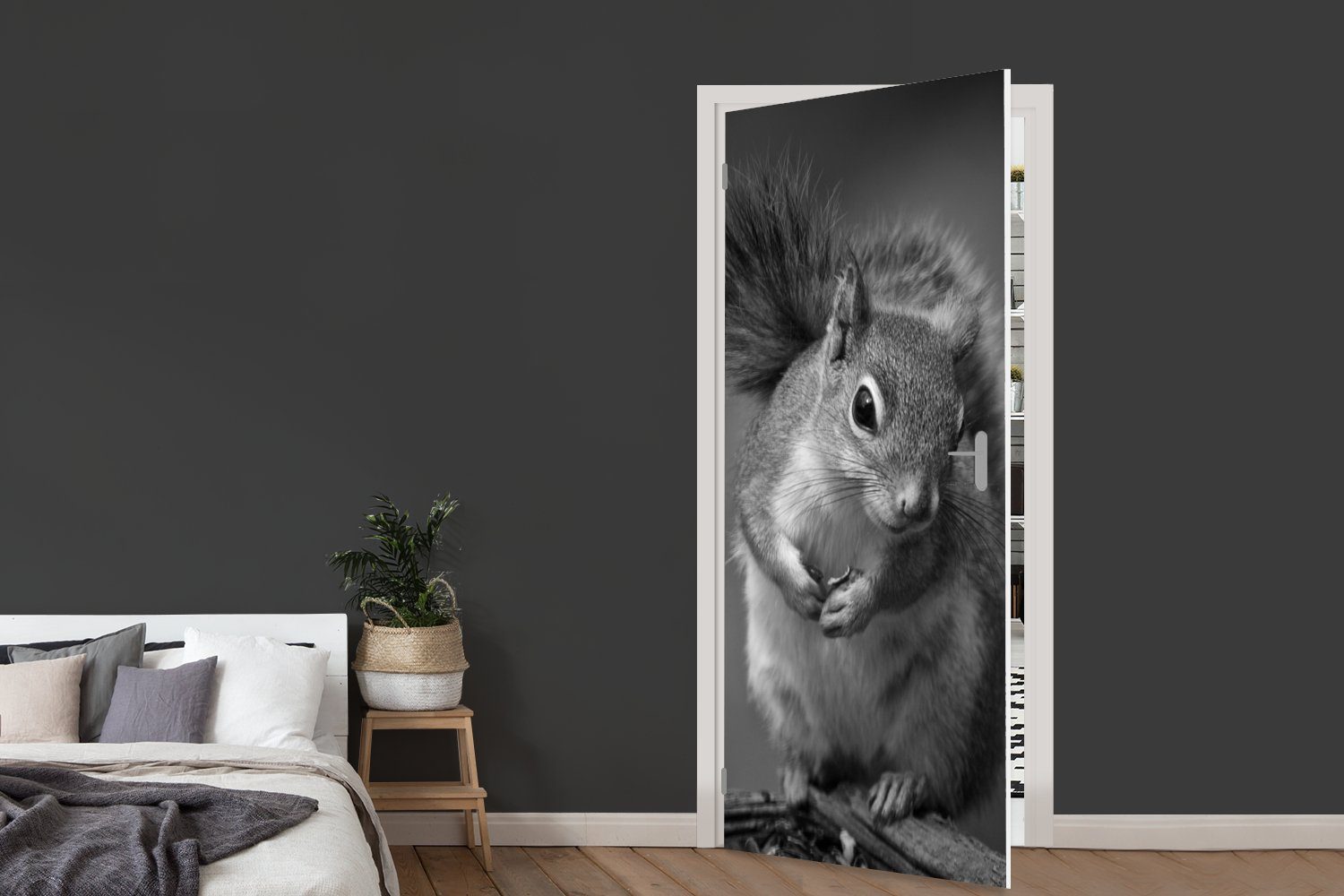 Eichhörnchen Türaufkleber, MuchoWow cm für Neugieriges bedruckt, Tür, St), 75x205 und Matt, Fototapete Türtapete (1 Weiß, in Schwarz
