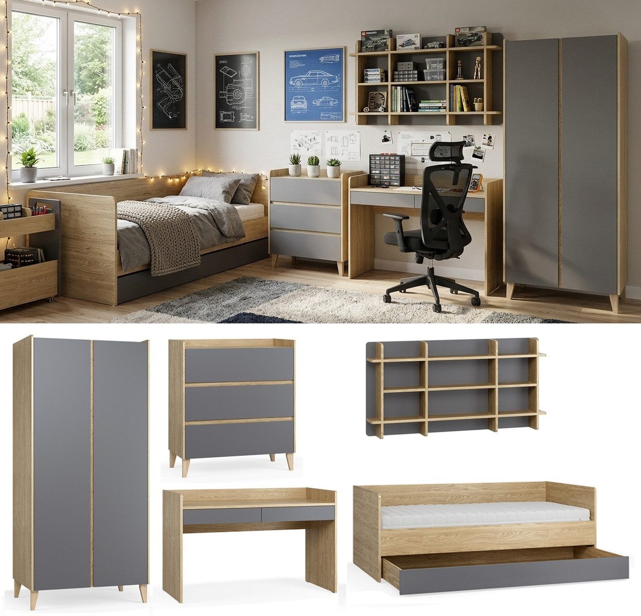 QMM TraumMöbel Jugendzimmer-Set kompett Milan Set A, (Set, 5-tlg., Schrank 2T, Kommode, Schreibtisch, Bett 200x90, Wandboard), Bett in 3 Ausführungen