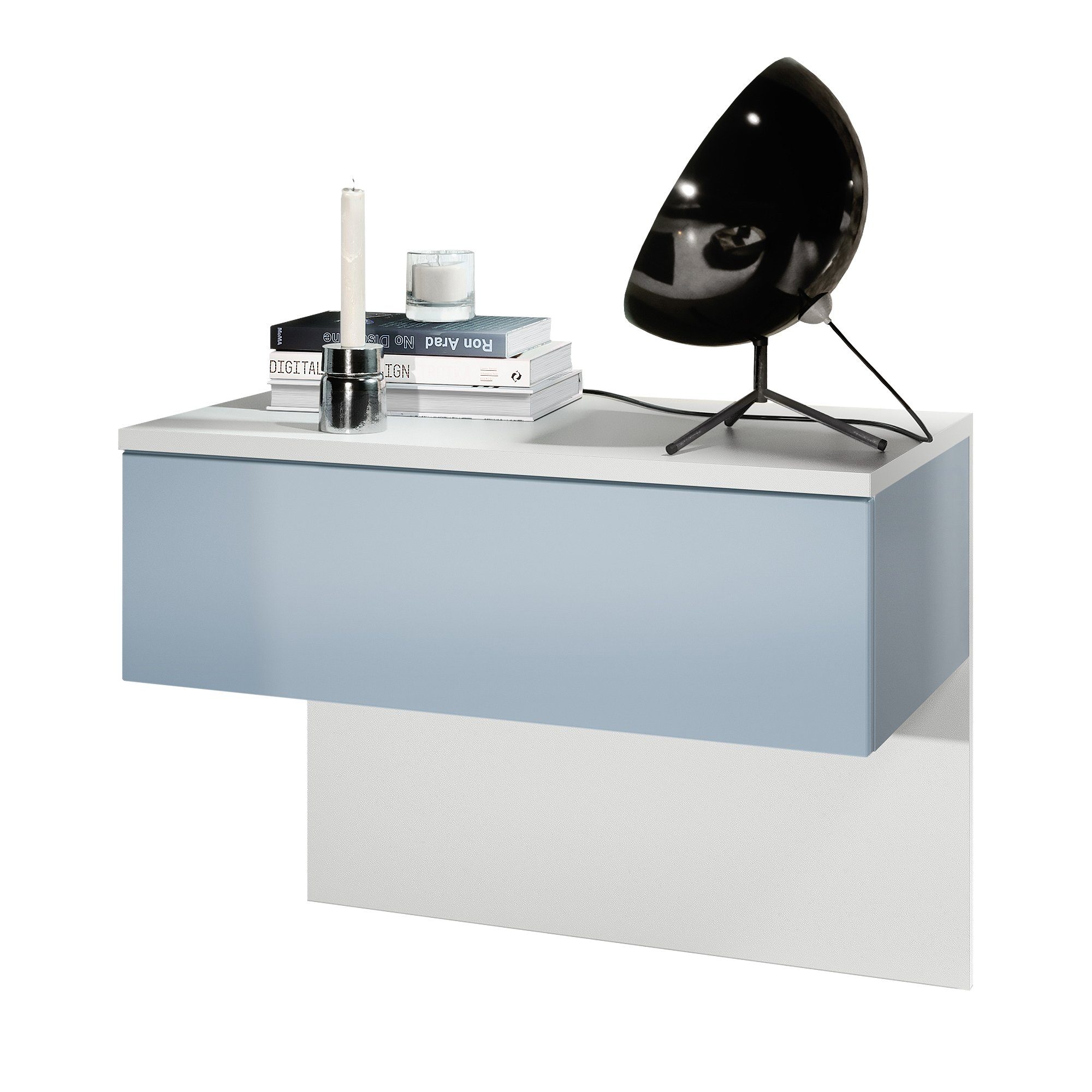 Vladon Nachttisch Sleep (Nachttischschrank, mit Schublade zur Wandmontage), Weiß matt/Denim matt (60 x 46 x 35 cm)