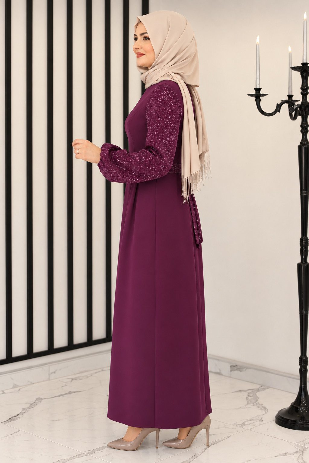 fashionshowcase Maxikleid Damen festlich A-Linie Krepp mit Pailletten Ärmeln gefüttert lang festlicher Look, Taillendetail, gefüttert, fällt 1 Größe kleiner aus – Bild 3 von 5
