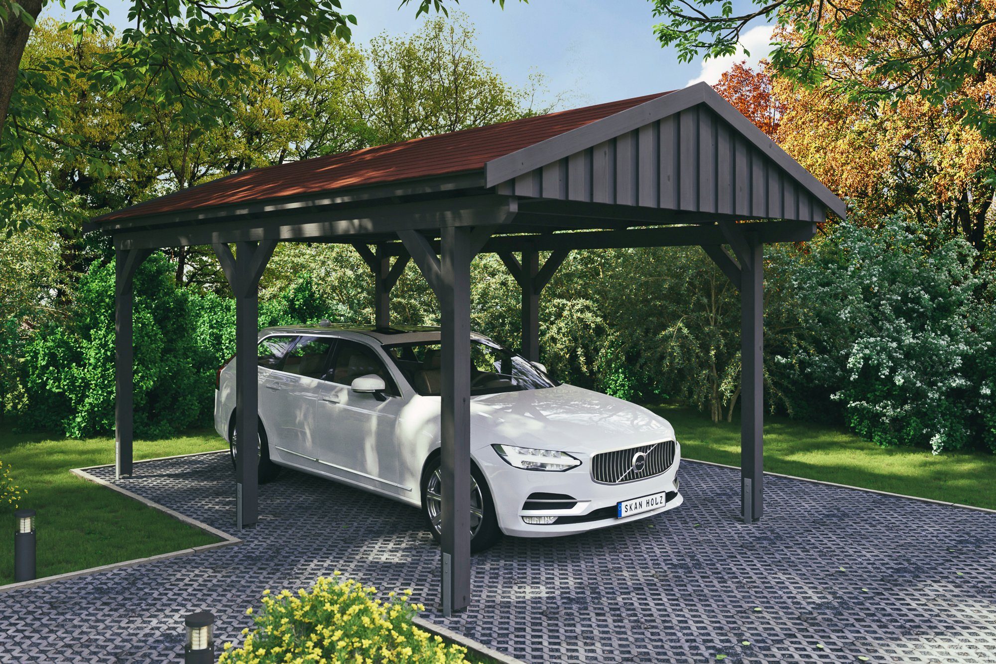Skanholz Einzelcarport Fichtelberg, BxT: 317x566 cm, 273 cm Einfahrtshöhe, mit roten Schindeln