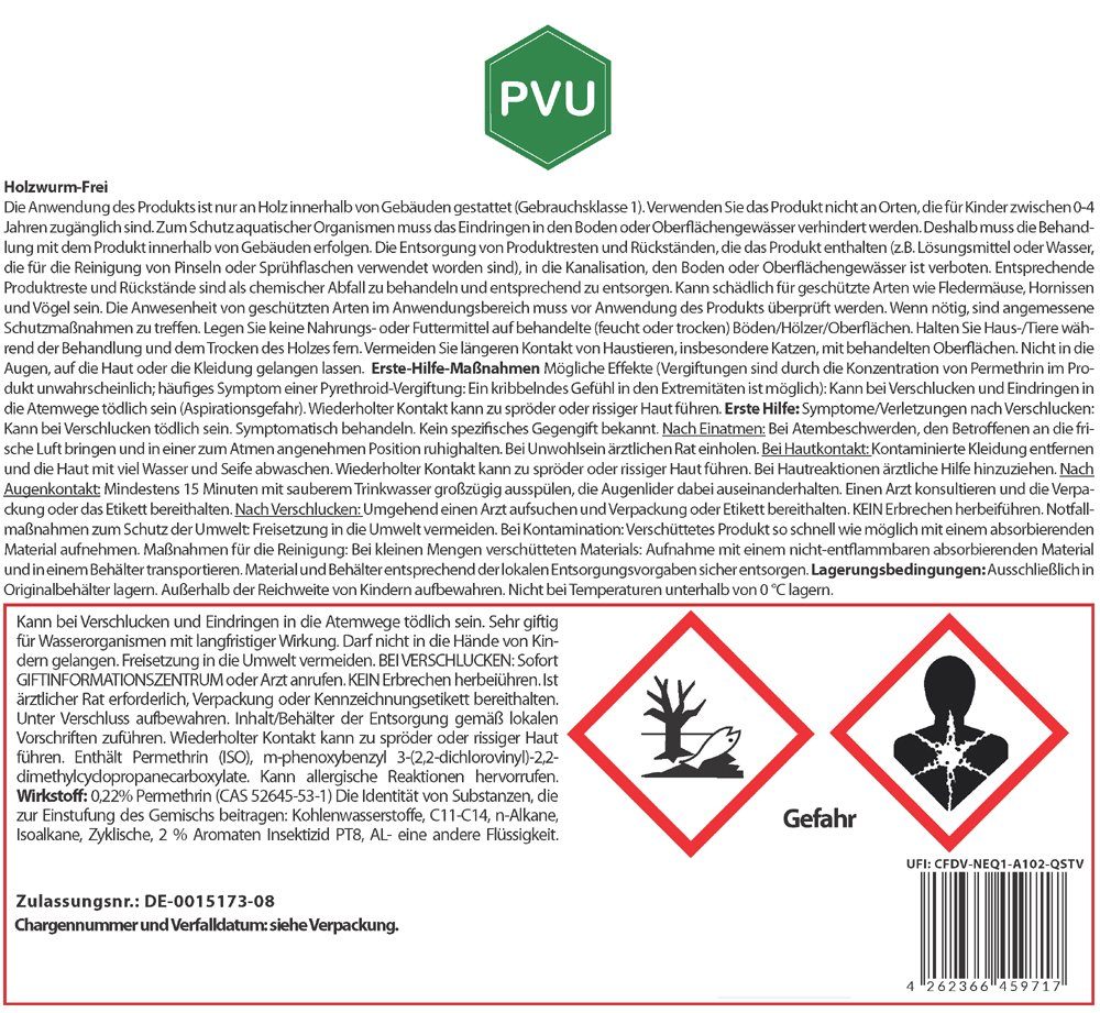 gegen PVU Holzschädlinge, geruchsarm formuliert in Deutschland, Holzwurm-Spray farblos, 3x500ml Holzwurm-Ex