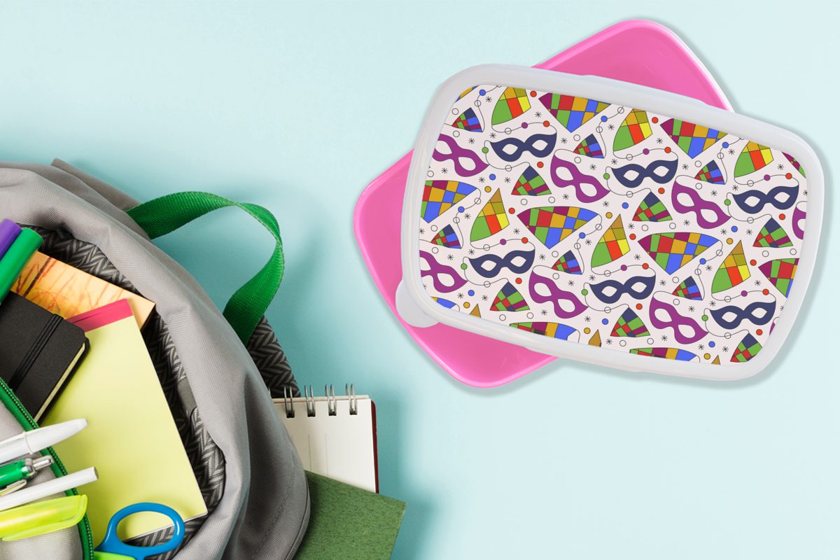 MuchoWow - Brotdose (2-tlg), für Brotbox - Erwachsene, Masken, Karneval Kunststoff, Lunchbox Kinder, Snackbox, Mädchen, Muster rosa Kunststoff