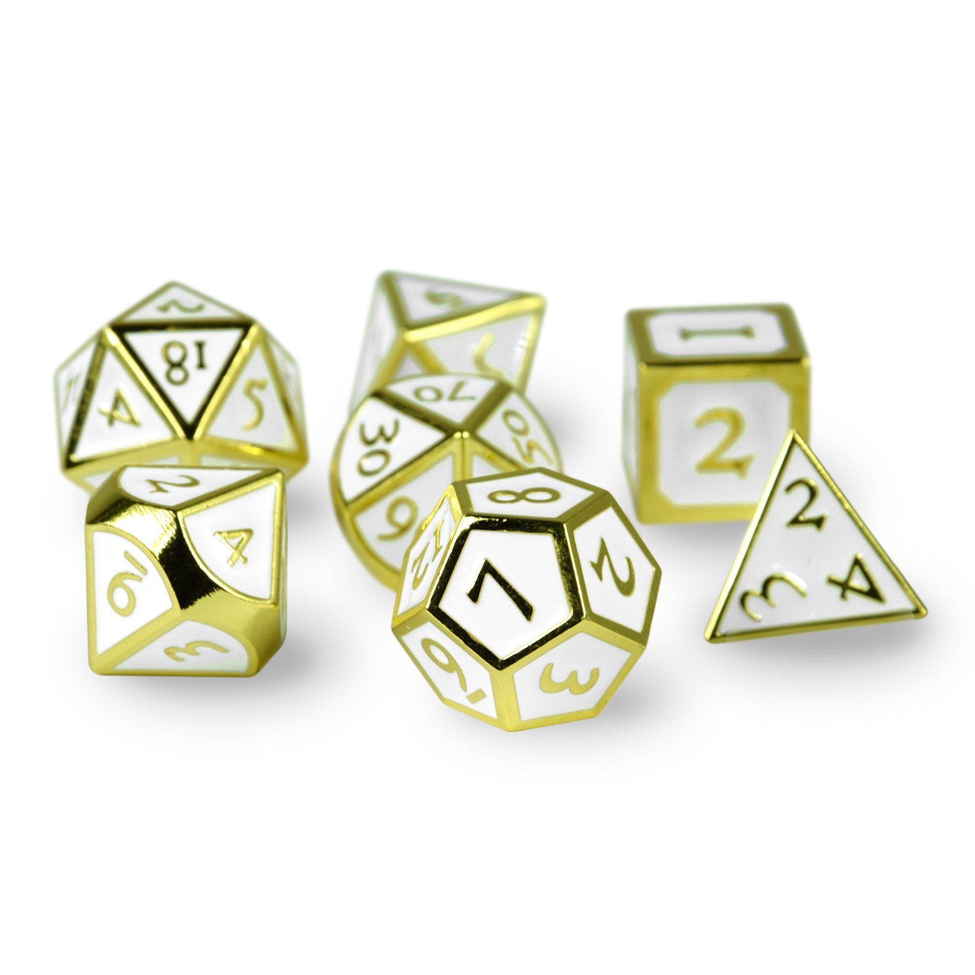 SHIBBY Spielesammlung, 7 polyedrische Metall-DND-Würfel inkl. Aufbewahrungsbox Optik, Gold/Weiß in Steampunk