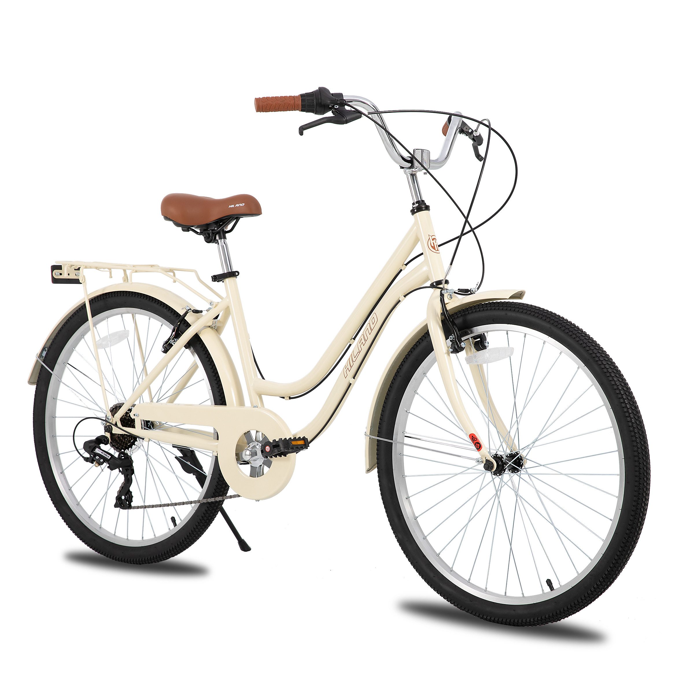 HILAND Cityrad Unisex Citybike 26", 7-Gang, V-Bremse, passend für 165–182cm, Step-Through Rahmen mit Gepäckträger und Korb,7 Gang