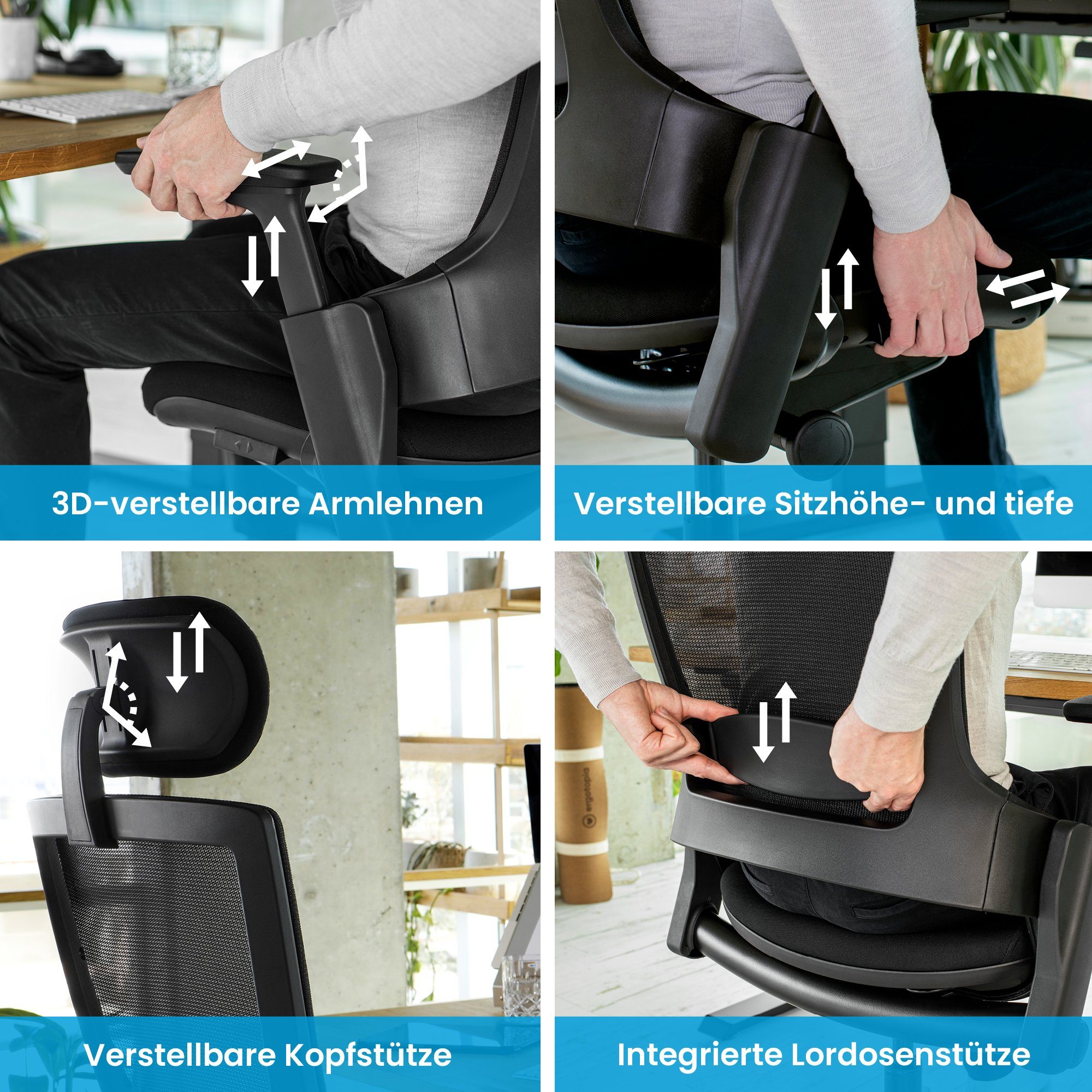 Bürostuhl Schreibtischstuhl verstellbarer mit & NextBack, Ergotopia Armlehnen 3D Drehstuhl Kopfstütze ergonomischer