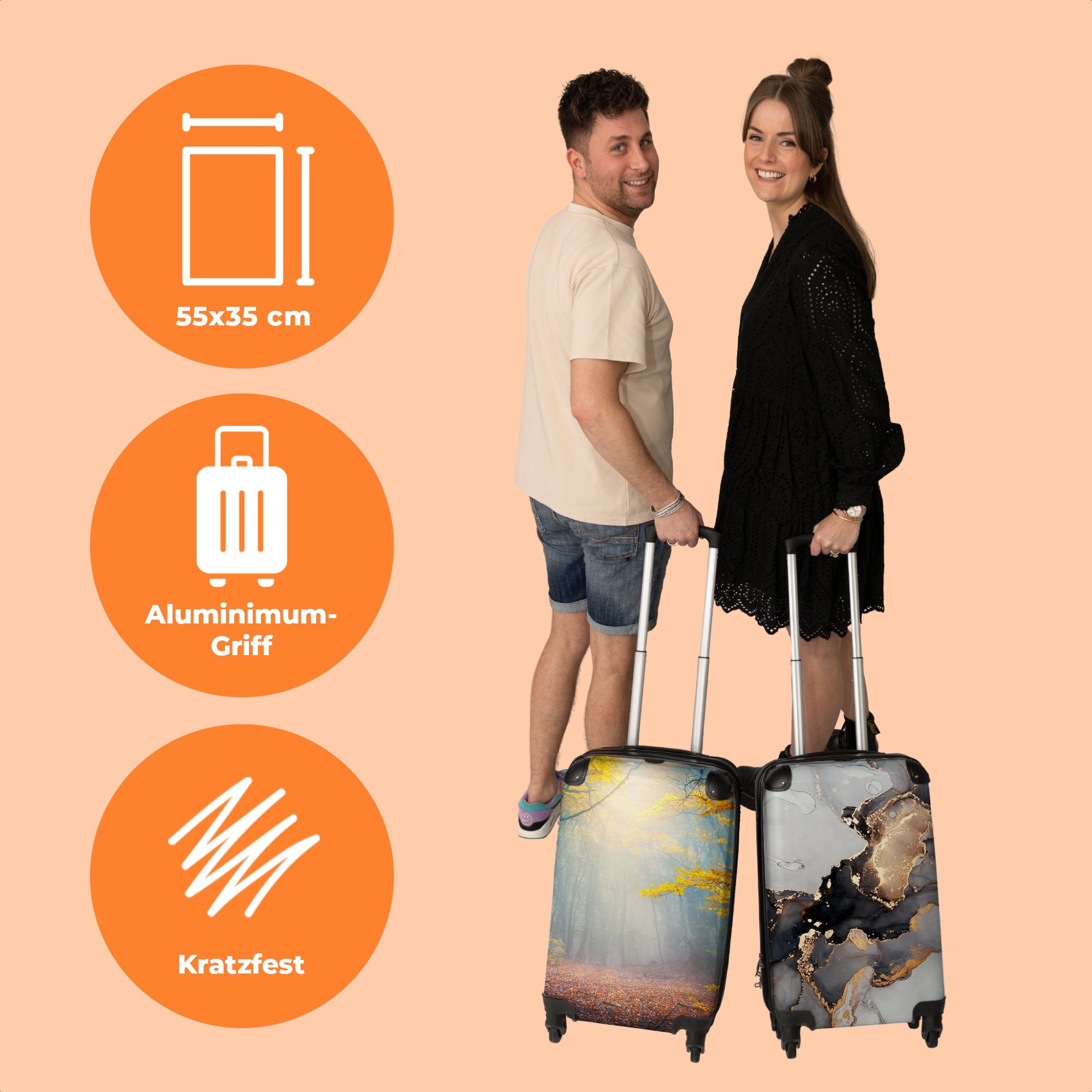 NoBoringSuitcases.com© Handgepäckkoffer Herbst 4 - - Wald 4 Handgepäck Nebel Natur, - 55x35x20cm Kleine mit Rollen Trolley Cabin - Rollen, Rollkoffer Reisekoffer Bäume 