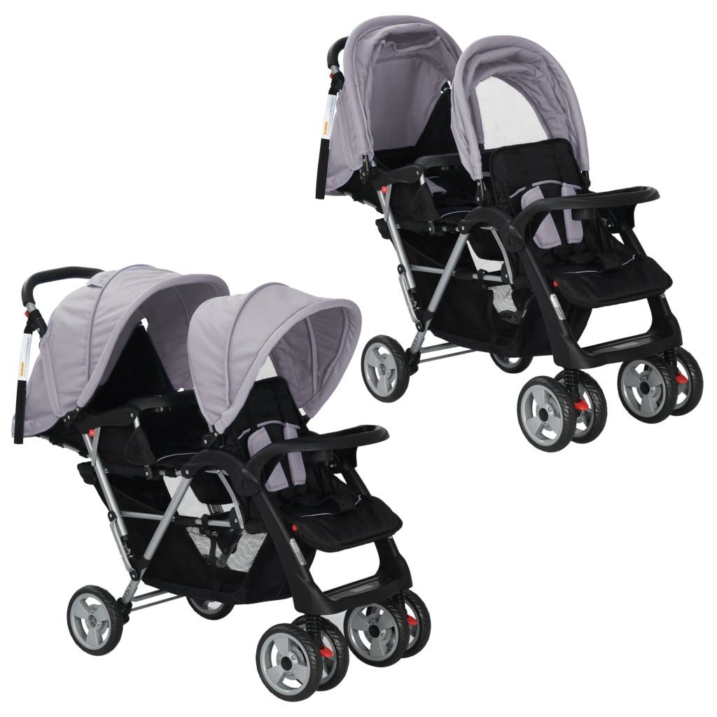 Kombi-Kinderwagen Zwillingswagen Karre Kinderwagen Buggy Stahl Grau und Schwarz