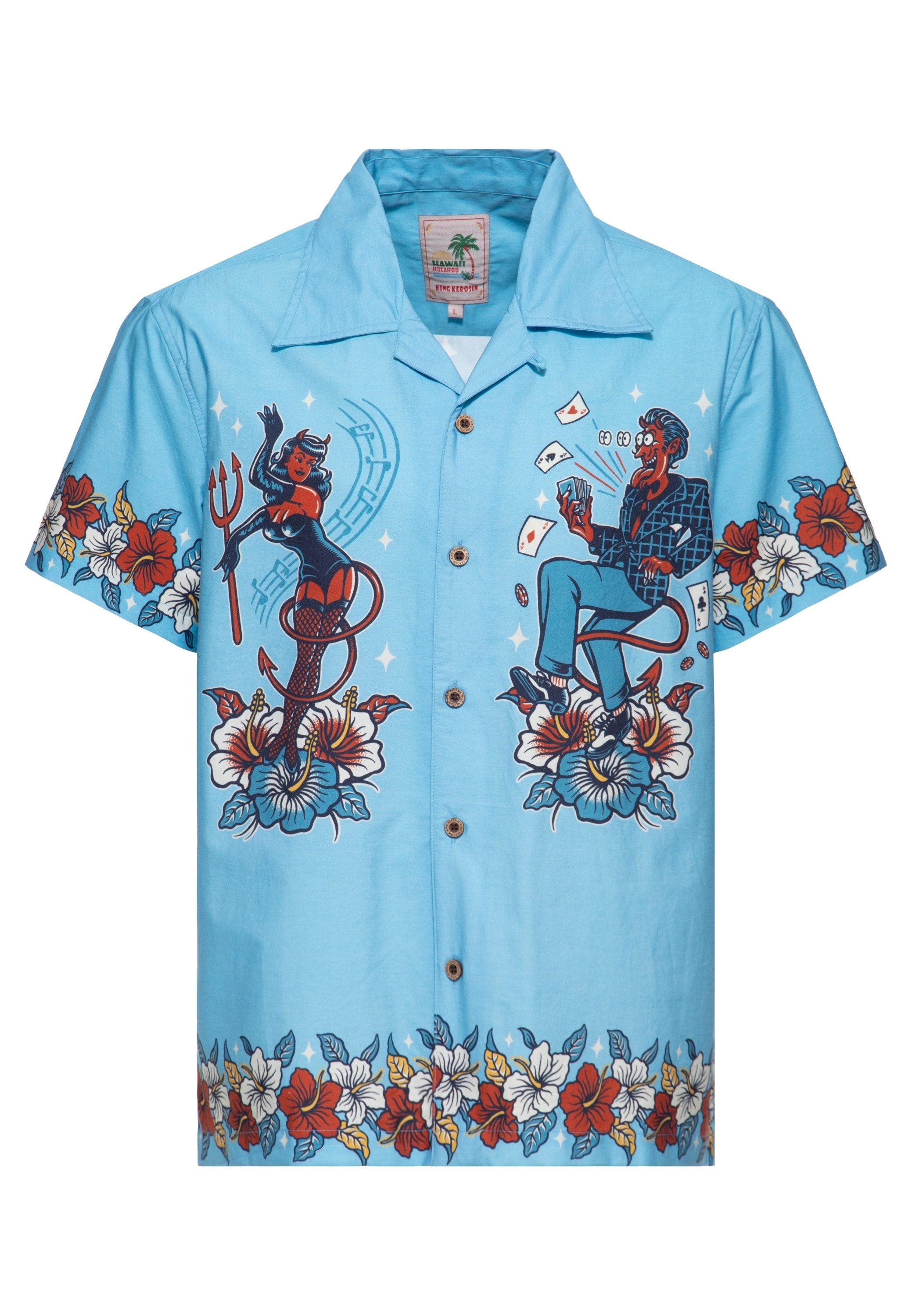 KingKerosin Kurzarmhemd Devils mit Teufel-Tattoo-Print und Blumenbordüre