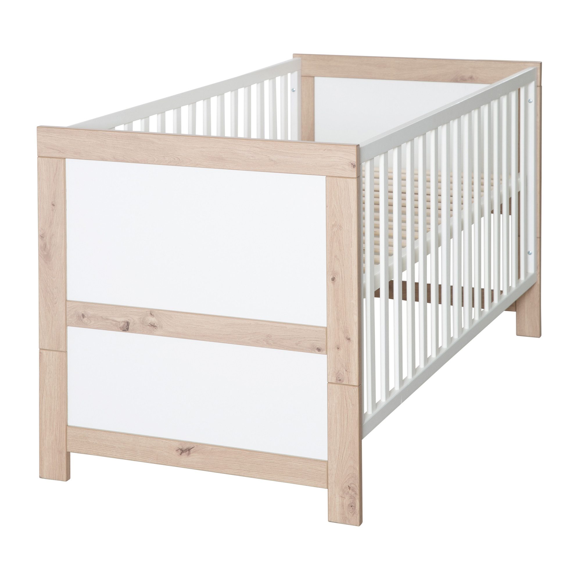 roba® Babybett Malo 70 x 140 cm Liegefläche, aus Holz - Weiß lackiert & Artisan Eiche, mitwachsendes Gitterbett, 3-fach höhenverstellbar, Schlupfsprossen