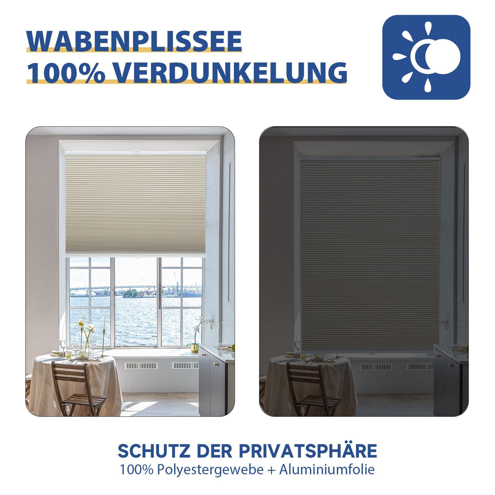 Sekey Wabenplissee Plissee ohne Bohren Verdunkelung Rollo 100% verdunkelnd Blickdicht, verdunkelnd, Klemmfix