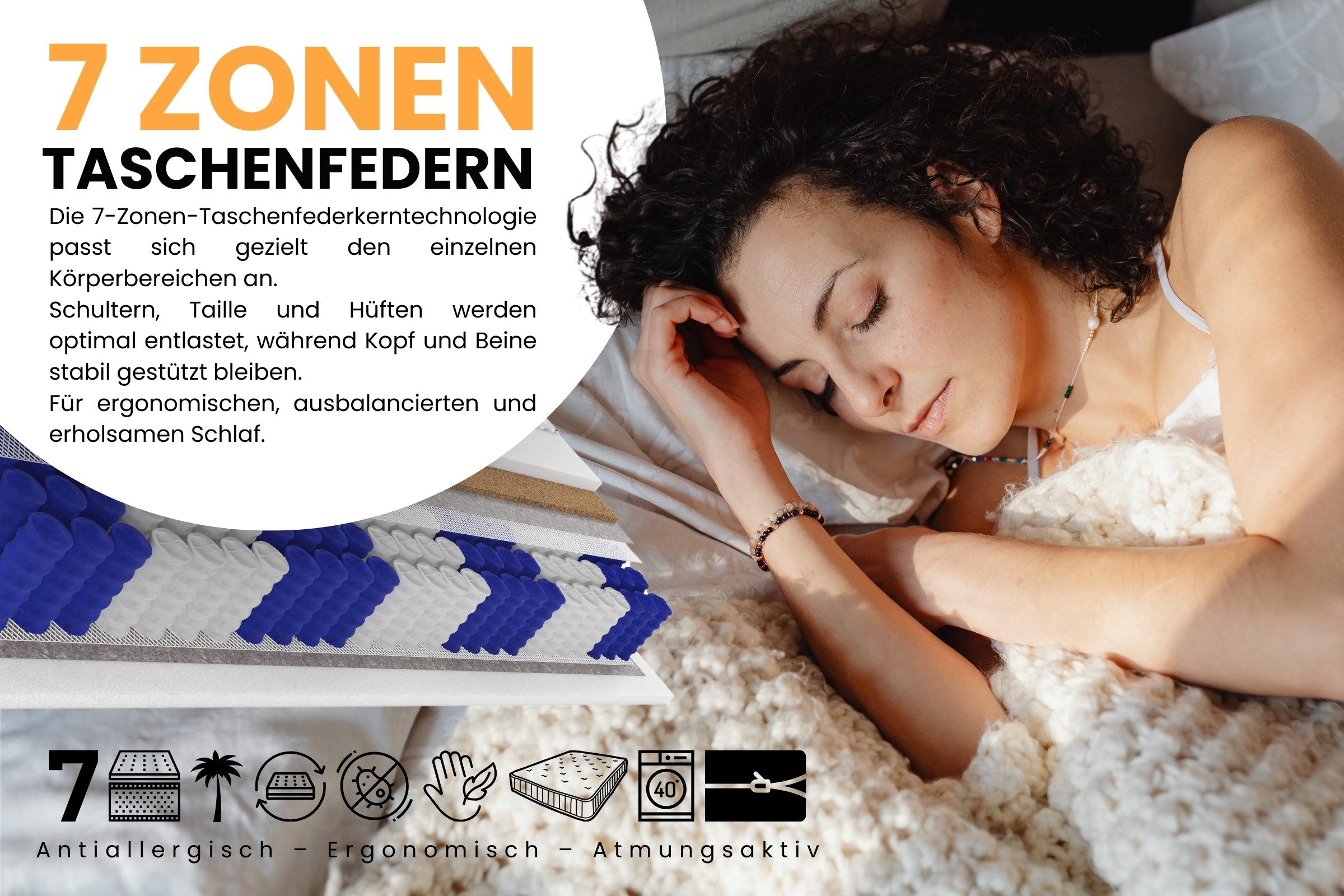 Taschenfederkernmatratze mit KOKOS 7-Zonen 20 cm hoch Härtegrad H4, Deine Möbel 24, 20 cm hoch, (Set, 1-tlg), 7 Zonen, Bezug waschbar, Punktelastisch, mit Kokosmatte