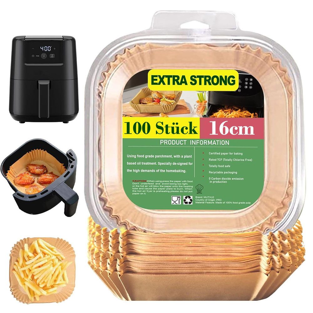 SURFOU Backpapier für Heißluftfritteuse-3–5L, Air Fryer Backpapier 16 cm-100/200 Stück, Antihaft & ölfestes Backpapier – Ø16 cm, Höhe 4,5 cm, Quadratisch