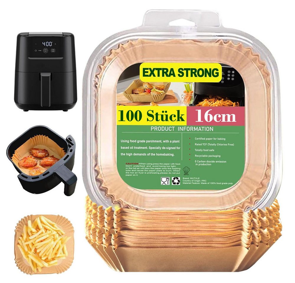 SURFOU Backpapier für Heißluftfritteuse-3–5L, Air Fryer Backpapier 16 cm-100/200 Stück, Antihaft & ölfestes Backpapier – Ø16 cm, Höhe 4,5 cm, Quadratisch