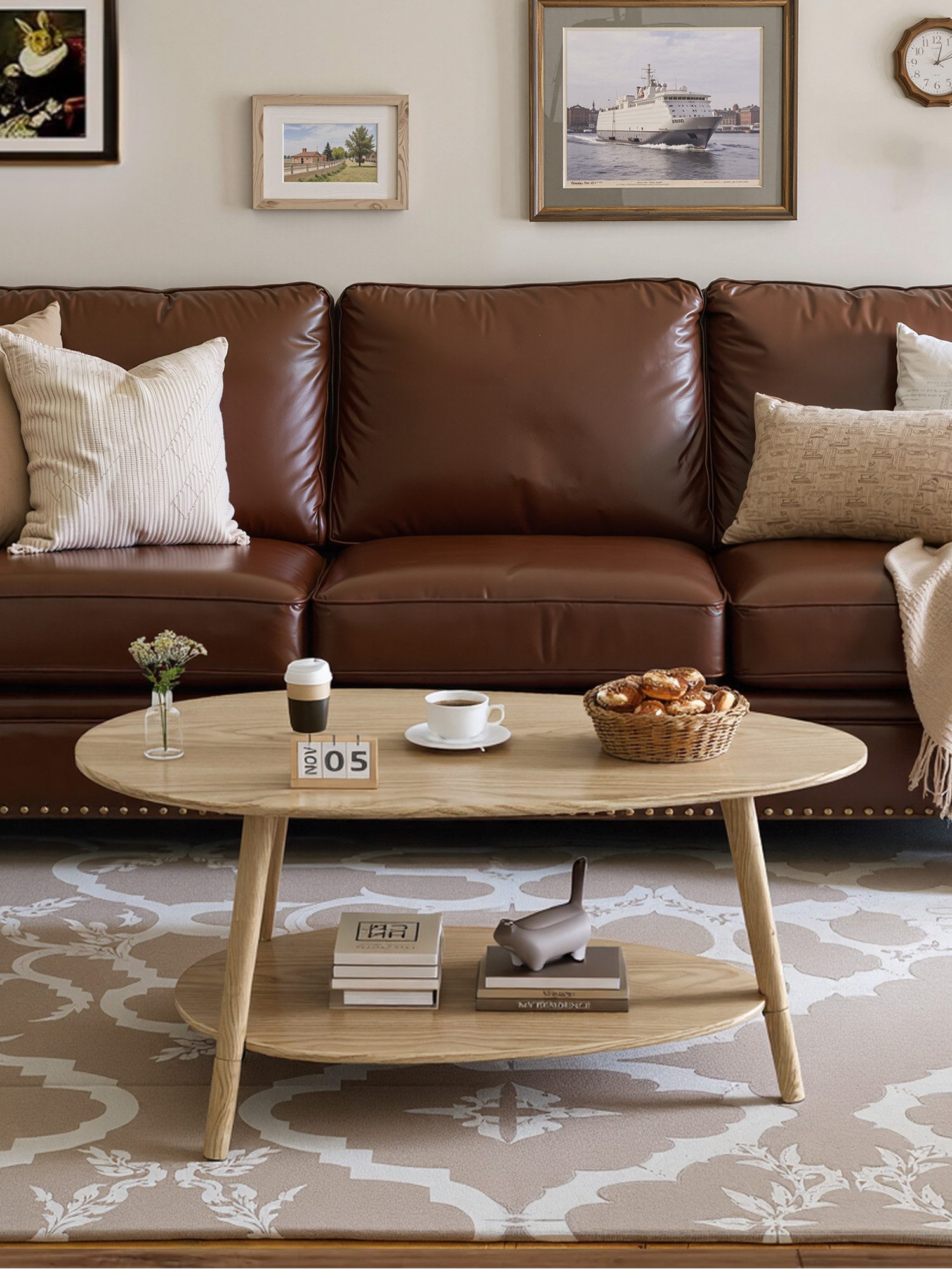FiveWillowise Couchtisch Massivholz Teetisch mit Ovalem Doppelschicht-Design, 90x50cm (1-St), ovaler Tisch, Wohnzimmertisch – Bild 4 von 5