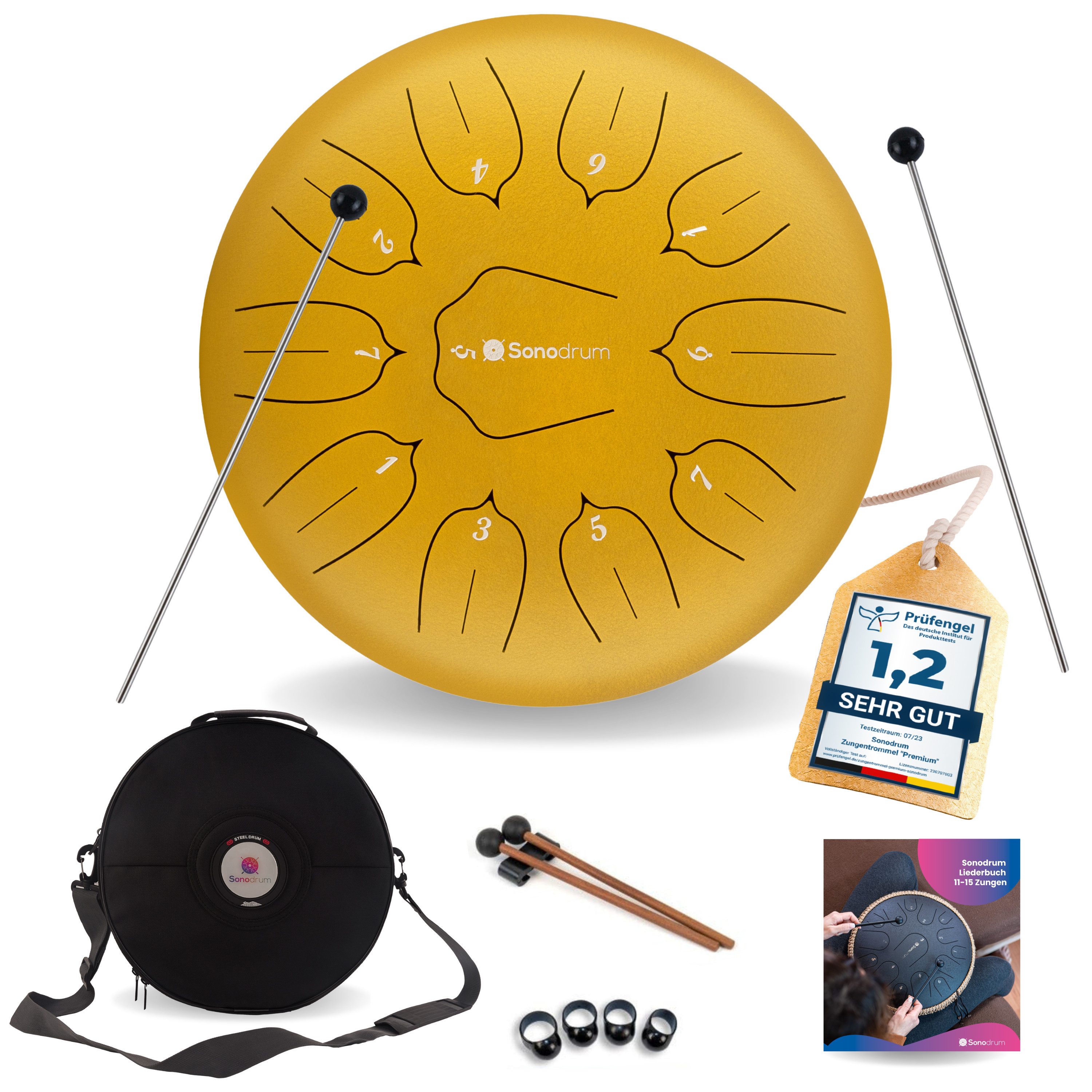 Sonodrum Steel Tongue Drum "Standard", D-Dur, 30 cm, 11 Zungen inkl. Liederbuch und Tragetasche