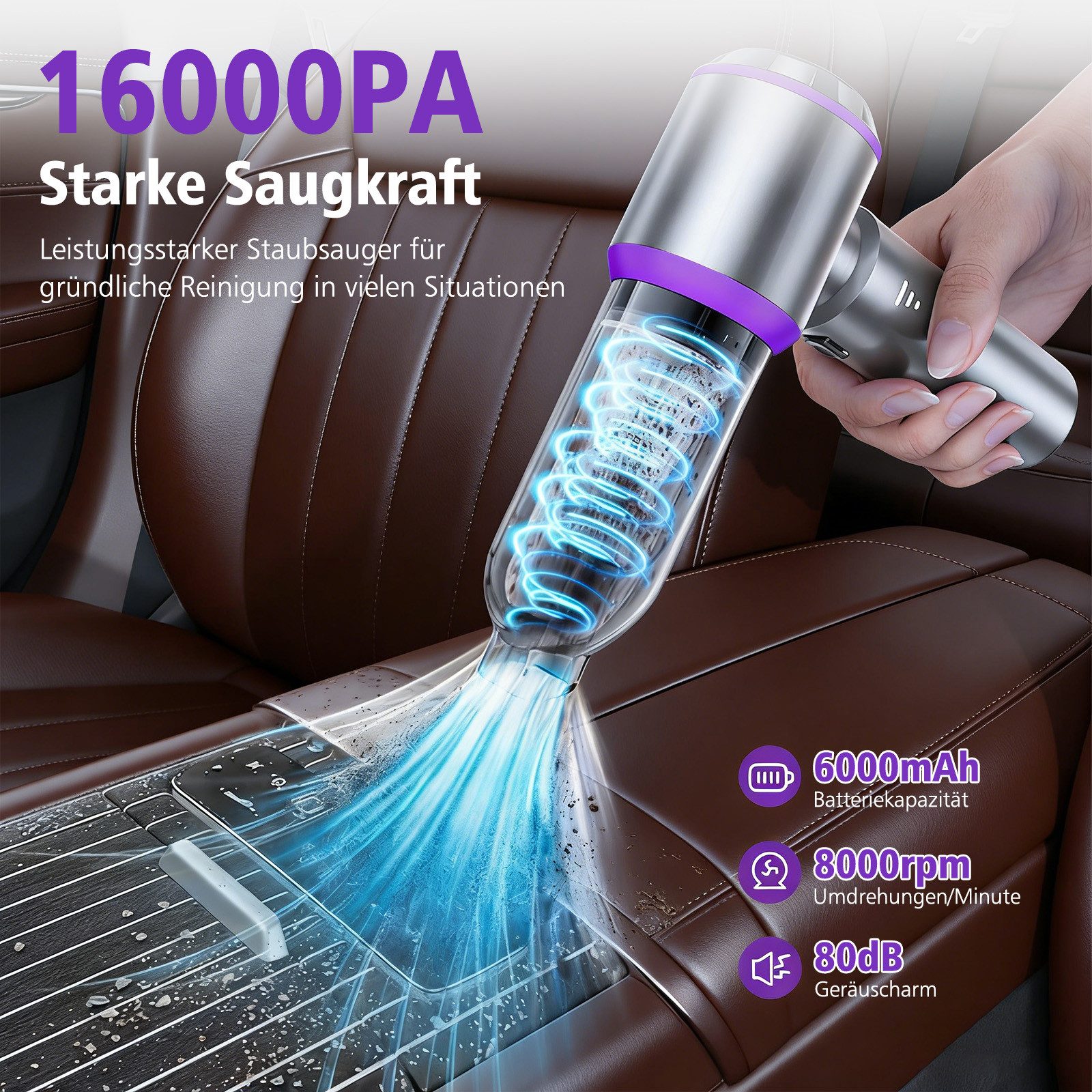 AKKEE Akku-Handstaubsauger Mini Staubsauger 16000Pa 6000mAh auto staubsauger, 100 W, 30 Minuten