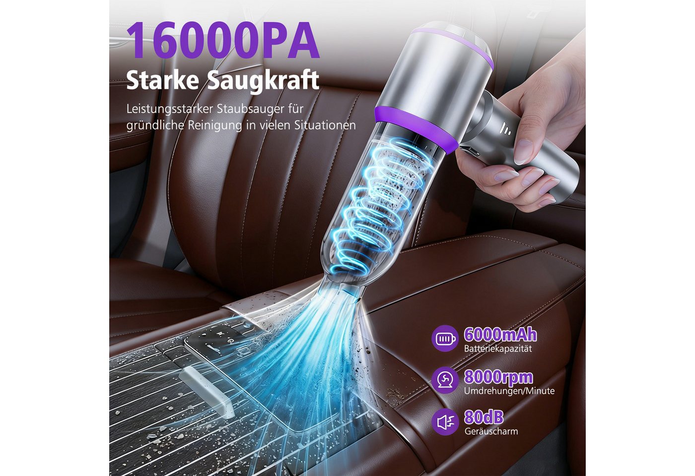AKKEE Akku-Handstaubsauger Mini Staubsauger 16000Pa 6000mAh auto staubsauger, 100 W, 30 Minuten silberfarben