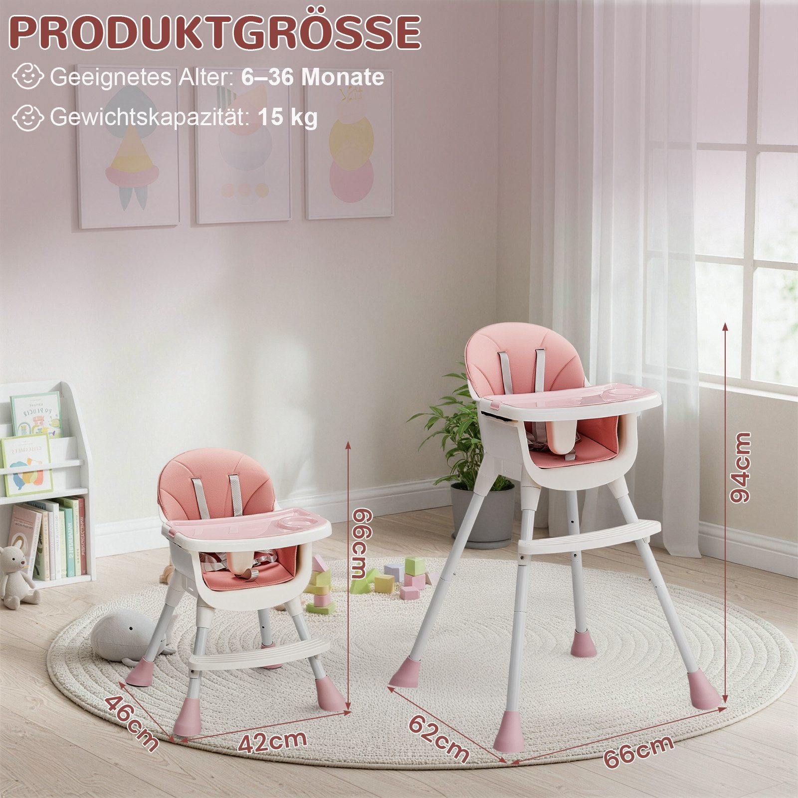 LALAHO Kinderstuhl 2-in-1 Babyhochstuhl Esszimmerstuhl mit Esstablett, Abnehmbares Tablett, Sicherheitsgurt, Einstellbare Höhe