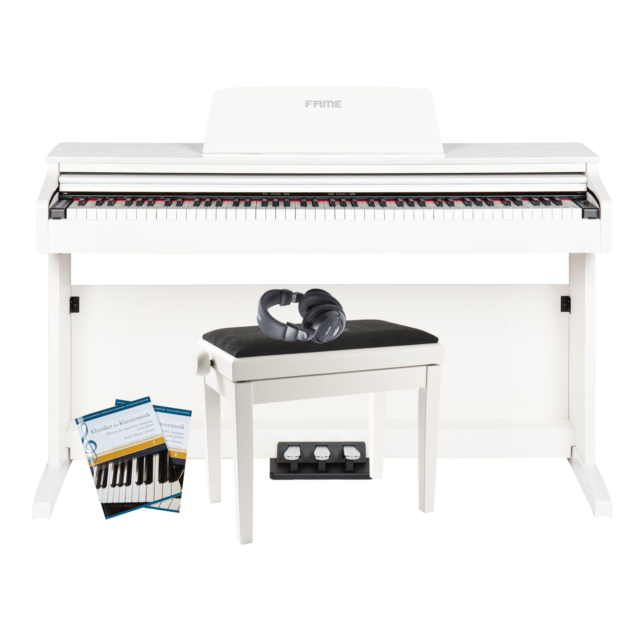 FAME Digitalpiano (Digitalpiano Set DP-2000 WH 88 Tasten Hammermechanik 16 Sounds 128-fache Polyphonie inklusive Klavierbank Kopfhörer Notensammlung, Digitalpianos, Digitalpiano-Sets), Digitalpiano Set, Hammermechanik, 88 Tasten