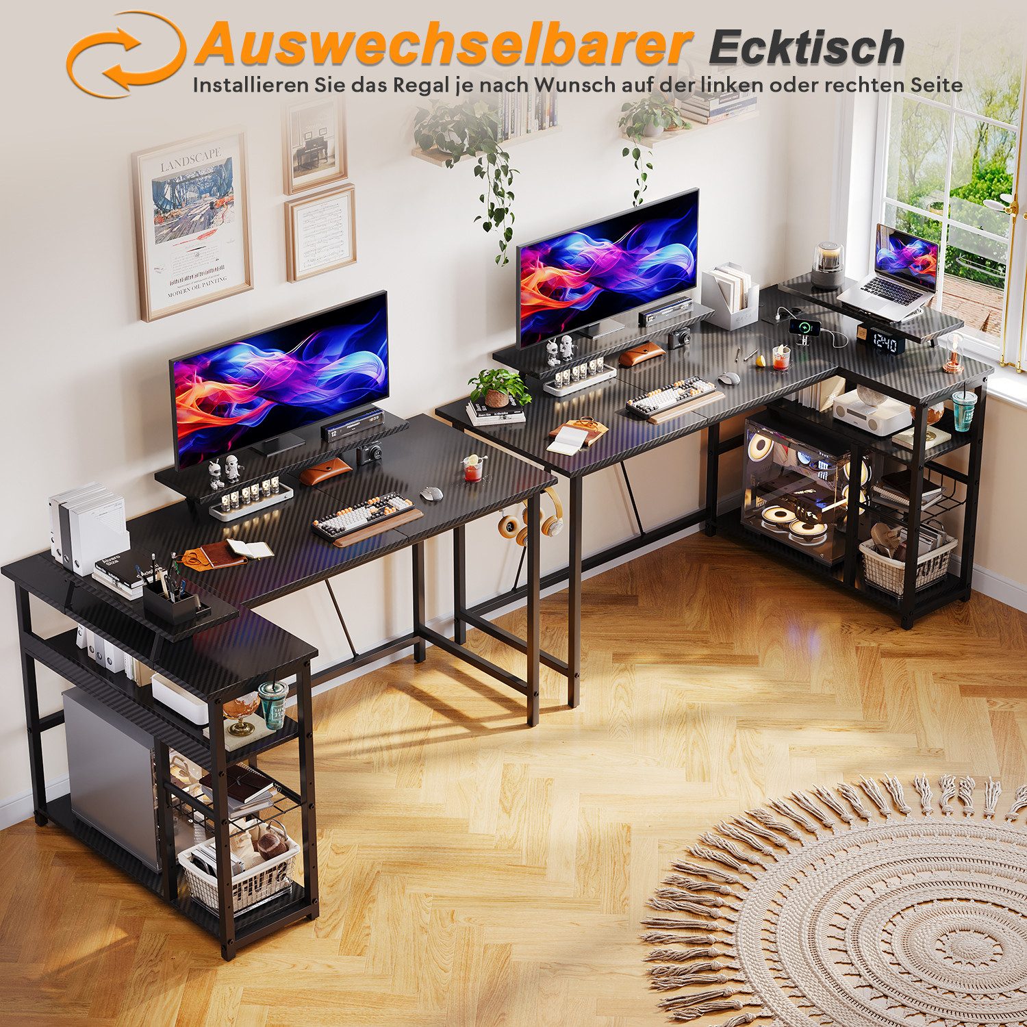 Furnicopia Eckschreibtisch L-förmiger Gaming-Schreibtisch mit Stauraum, Steckdosen und LED (120/140 cm großer Schreibtisch mit zwei Monitorhalterungen, zwei Abl – Bild 3 von 5