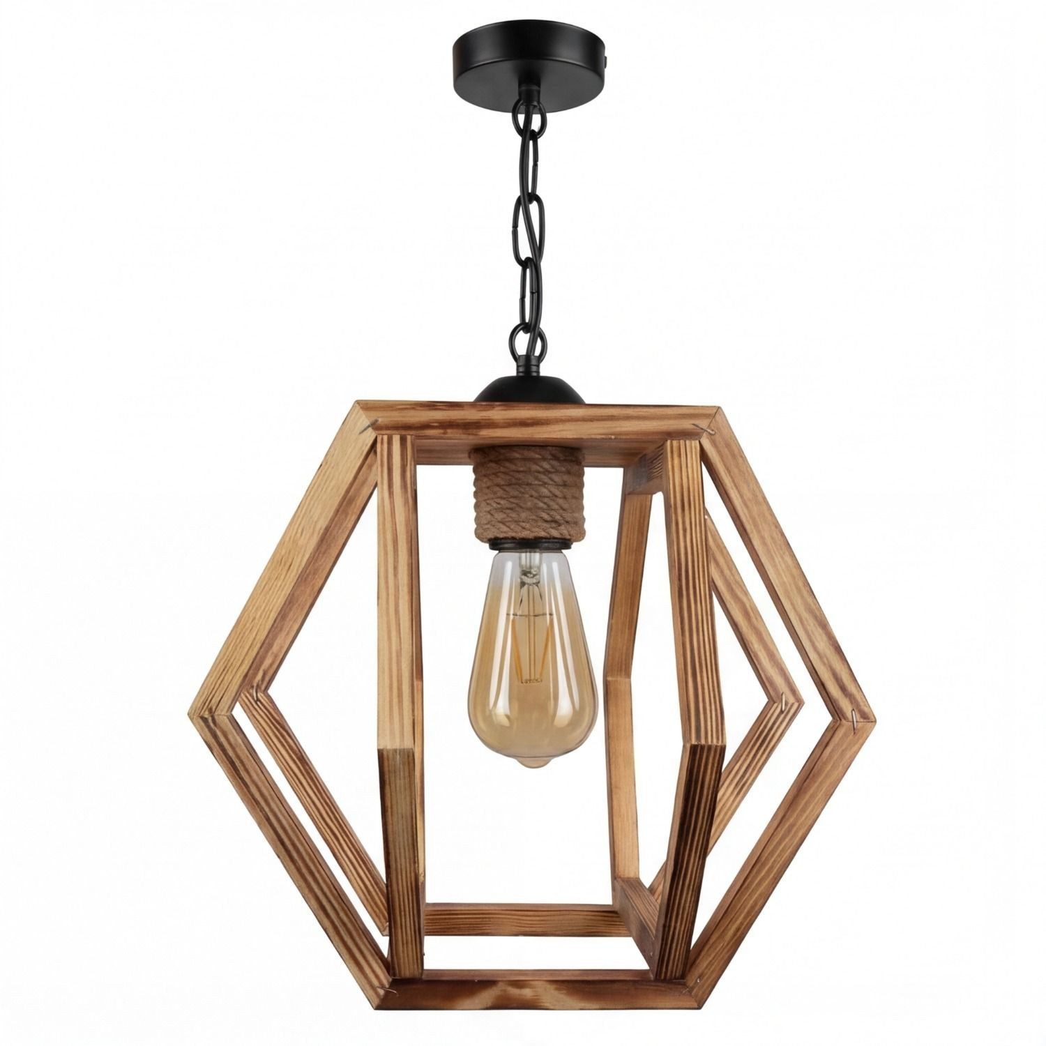 Licht-Erlebnisse Pendelleuchte CAMILO, ohne Leuchtmittel, Retro Design geflammtes Holz Metall B: 27 cm H: max. 100 cm E27