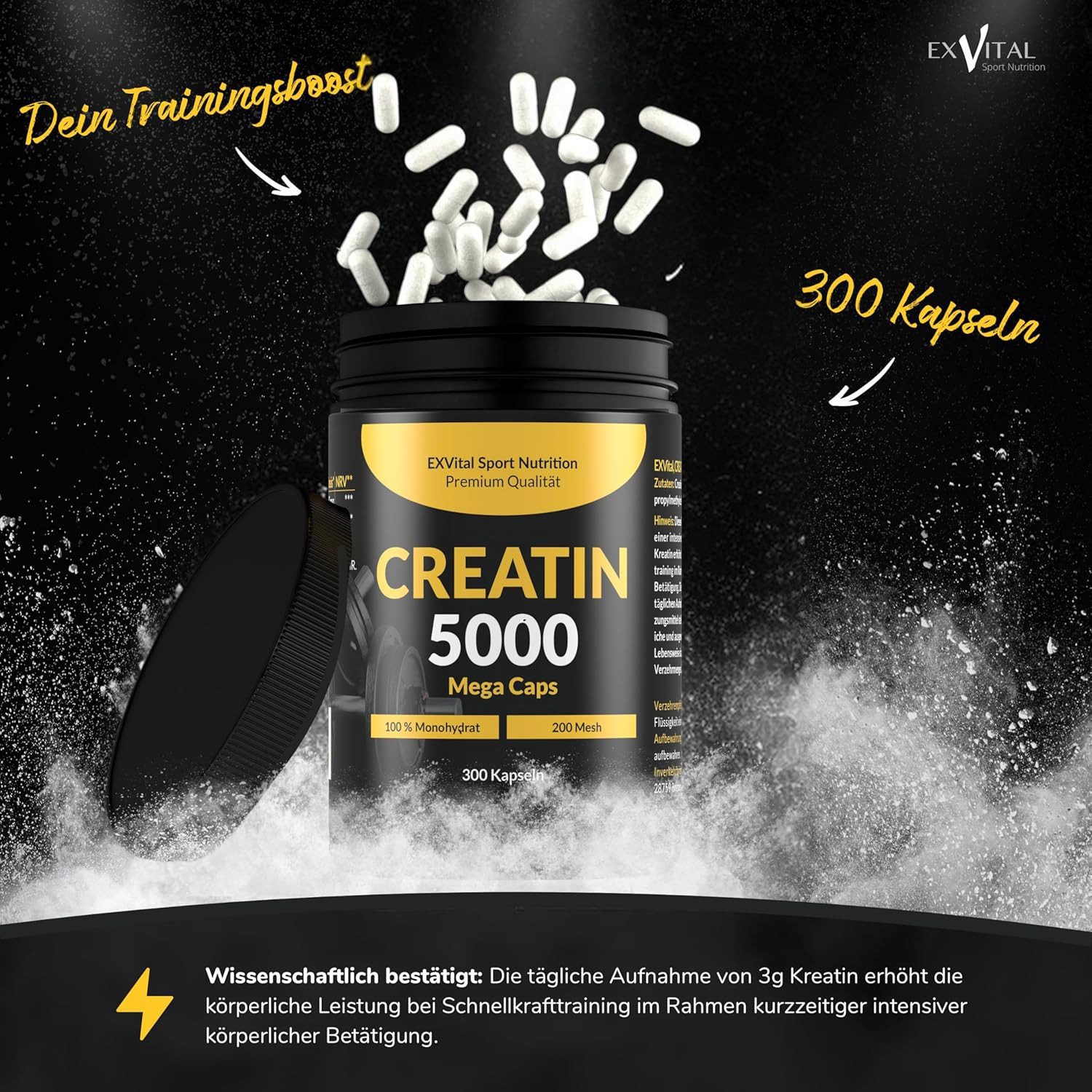 Creatin 5000 Mega Caps, workout booster, 5000 mg Monohydrat pro Tag Kapseln, 1 er 300 St., 350 g