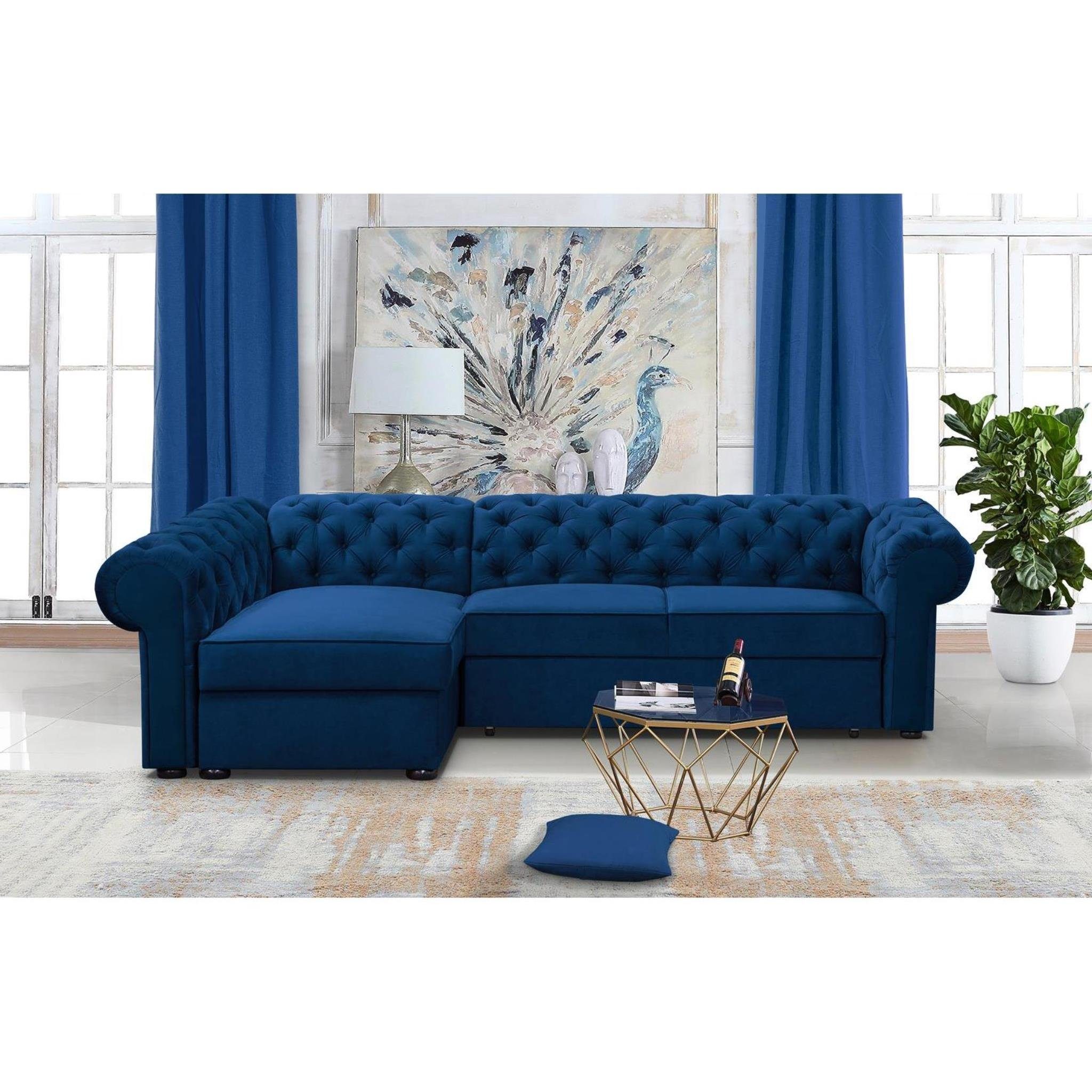 Relaxfunktion, rechts mane (kronos links Ecksofa montierbar, mit mit L-Form Marineblau Chester, Polsterecke Velour, 09) Beautysofa oder aus Bettkästen 2x