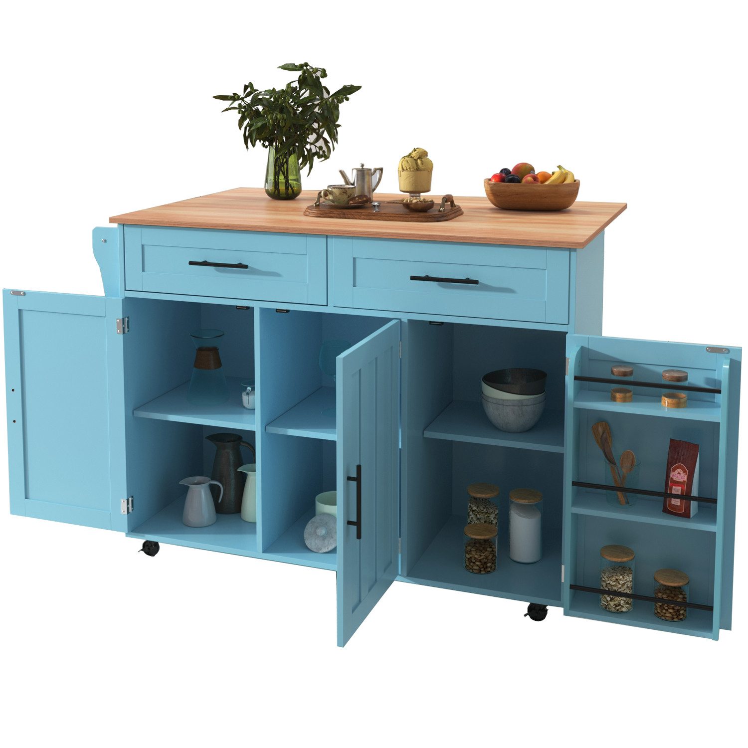 Rutaqian Sideboard Ess-Sideboard, weiße Marmorarbeitsplatte und khakigrauer Holzschrank (Ausziehbare Arbeitsplatte/Lagertürdesign/ideal für Zuhause, Sideboard,Kommode.129 x 71 x 91.5 cm)
