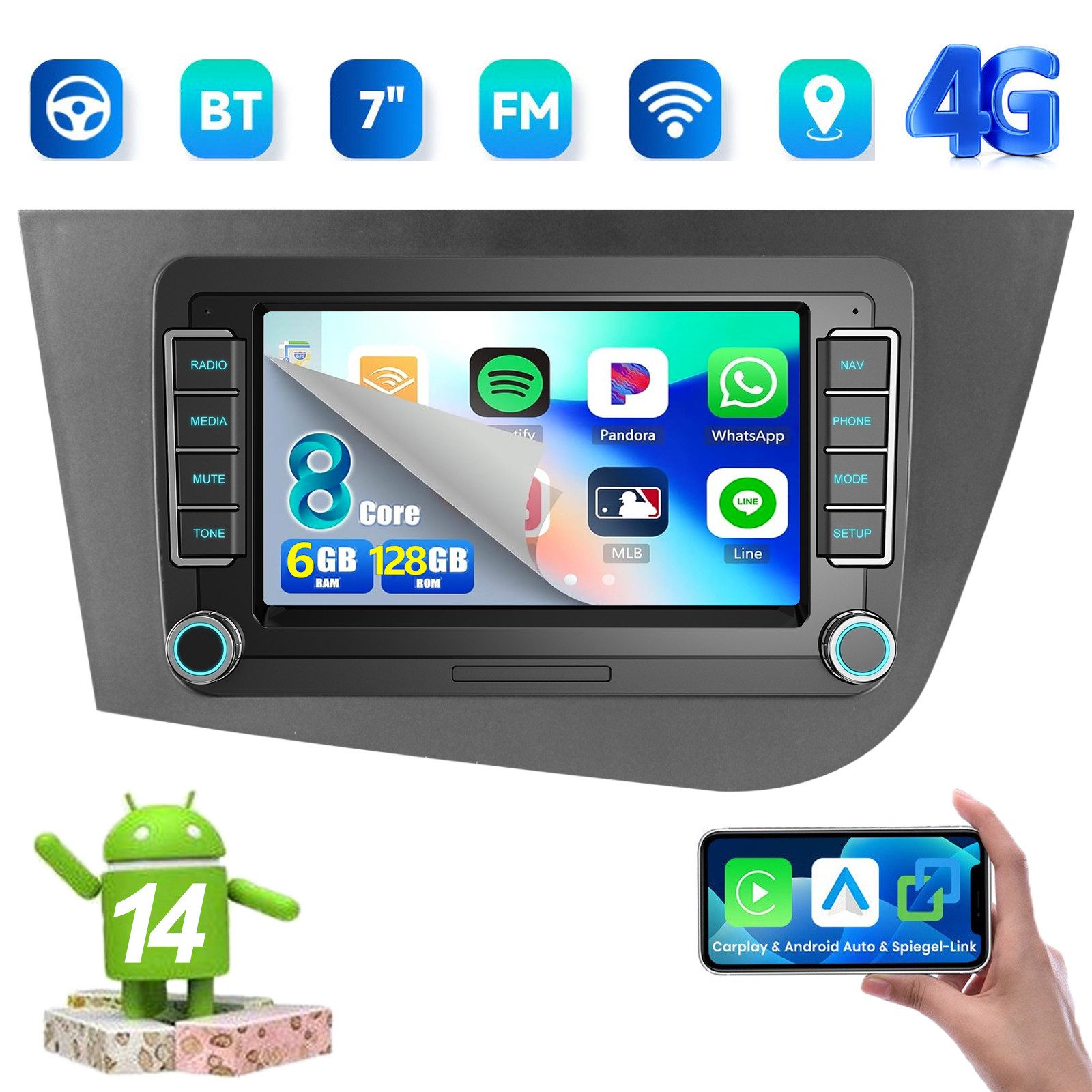 ESSGOO 7/9'' 6+128G Für Seat LEON 1P1 05-12 Android 14 Autoradio Carplay WIFI Autoradio (Digitalradio (DAB), 6GB+128GB, 4G LTE, RDS, AM, FM, 4G, Carplay Android Auto Bluetooth EQ USB GPS Navi WIFI Touchscreen)