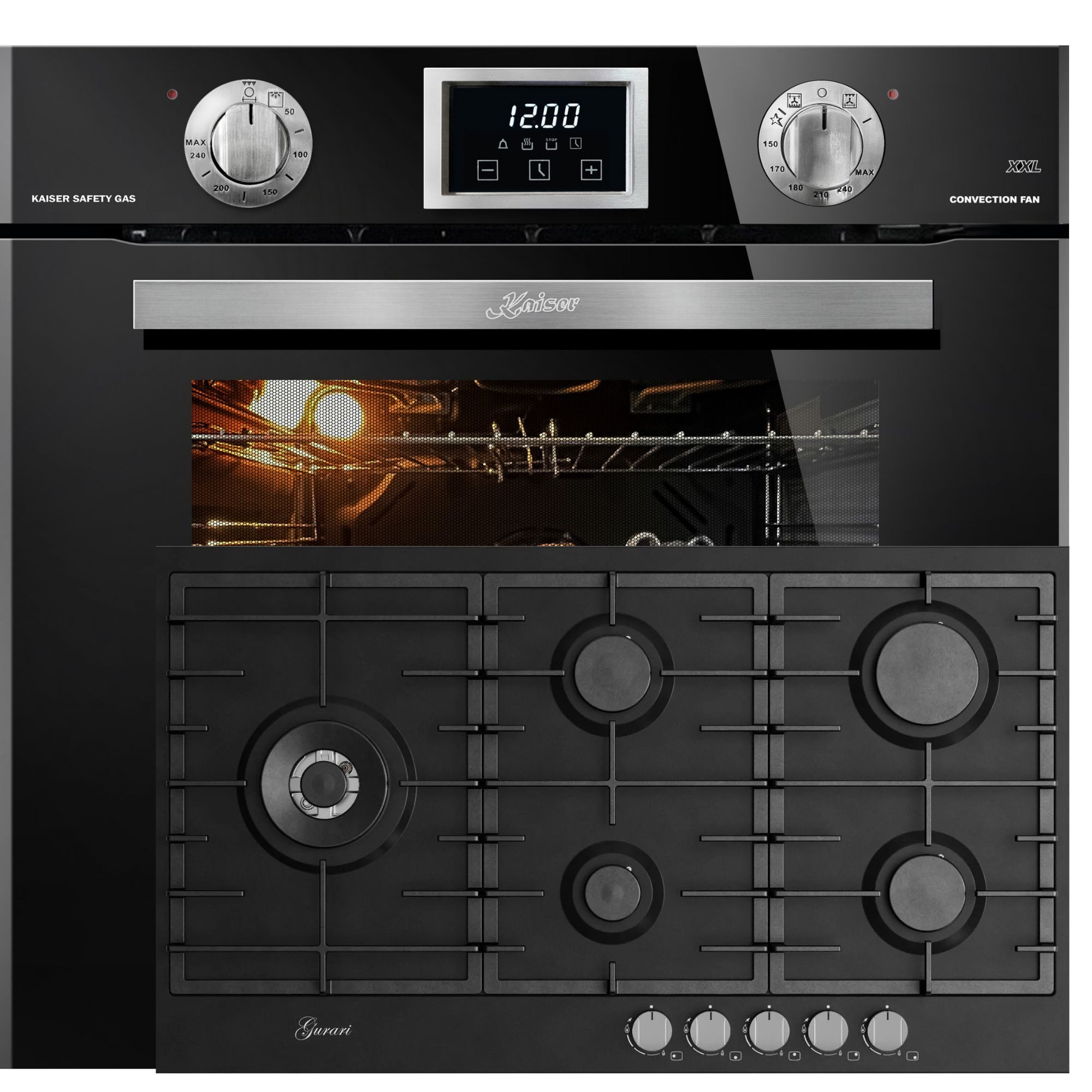 Kaiser Küchengeräte Backofen-Set Herd Set autark Einbaubackofen, 79 L, autark,Erdgas,Propangas+Gaskochfeld 90 cm, Schwarz Emaliert, 4,0 kW WOK, 5 Gasbrenner,Erdgas, FL.Gas EG 6374 SP+GCH FB 905 BL, mit 1-fach-Teleskopauszug